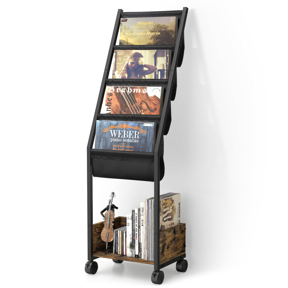 Bikoney Movable 4-Tier Vinyl Record Storage Cabinet with Display Shelf