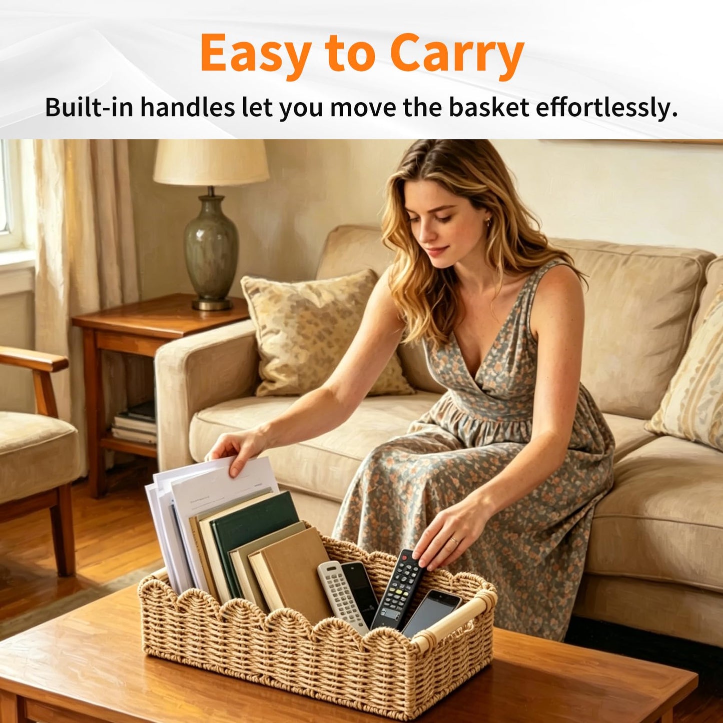 Lnopever 2 Pcs Storage Baskets, Paper Rope Scalloped Edge Bathroom Organizer Boxes, for Toilet Storage Shelf, End Table, Shelves and More