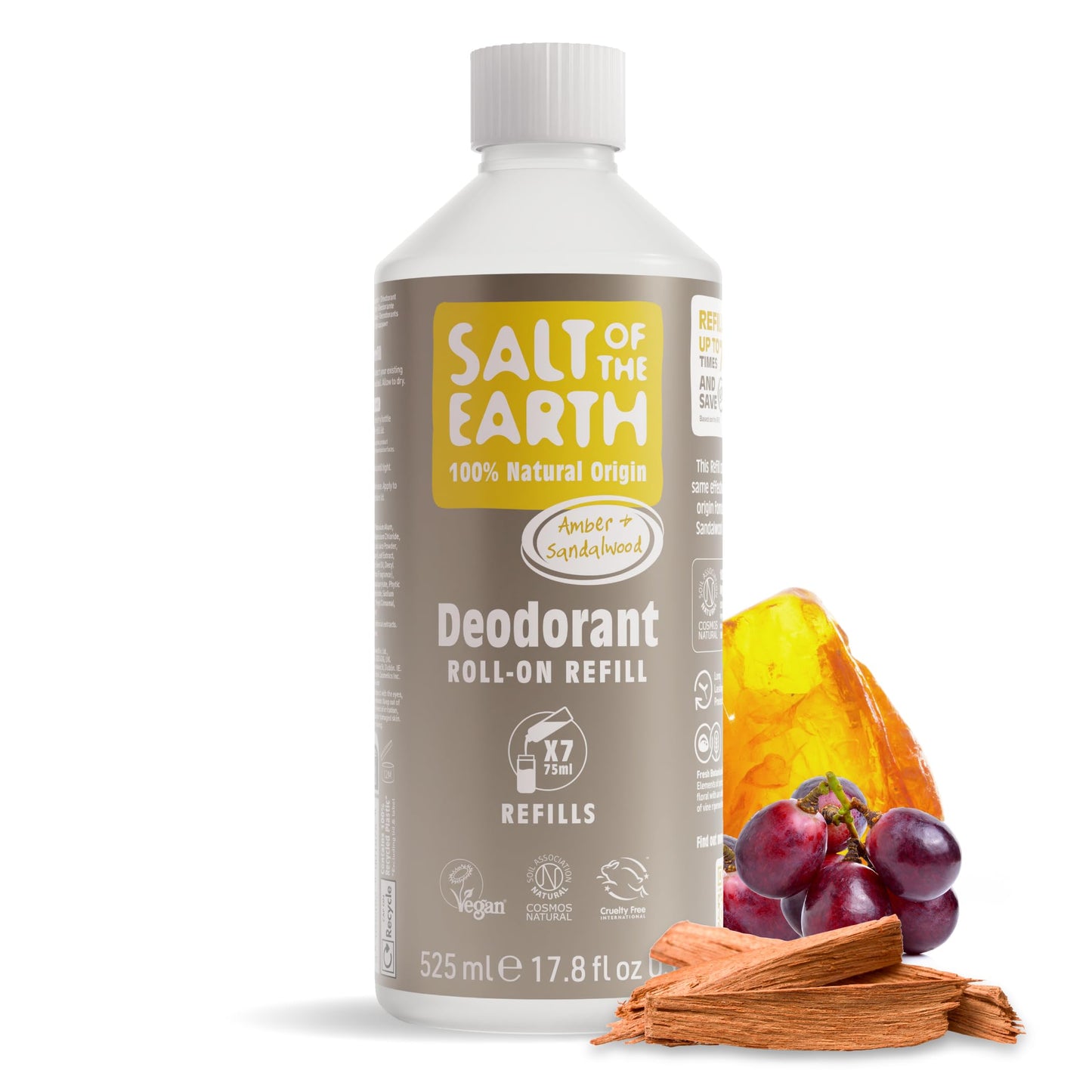 Salt of the Earth - Natural Deodorant Roll on Refill - x7 Uses - Amber & Sandalwood - 100% Natural Origin Ingredients - Vegan - Suitable for Men,