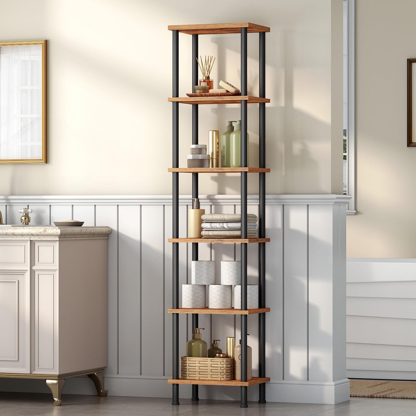 HOOBRO 6-Tier Bookshelf, Tall Bookcase, Shelving Unit, Twist-Lock Assembly, Large Capacity, Wooden Storage Display Shelf for Living Room, Home Office