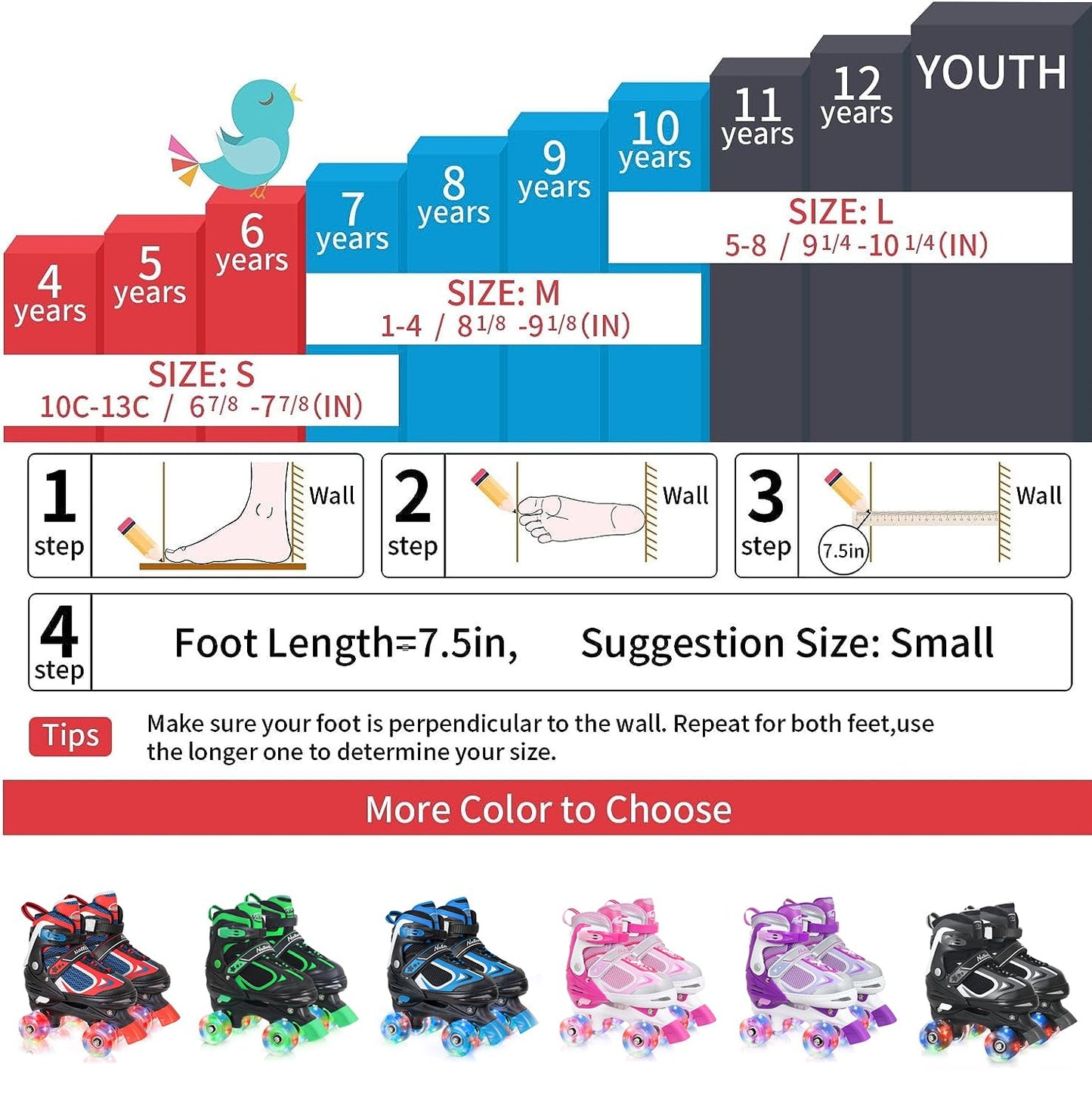 Nattork Kids Roller Skates for Boys Girls, 4 Sizes Adjustable Roller Skates with All Light up Wheels, Full Protection for Children's Indoor Outdoor