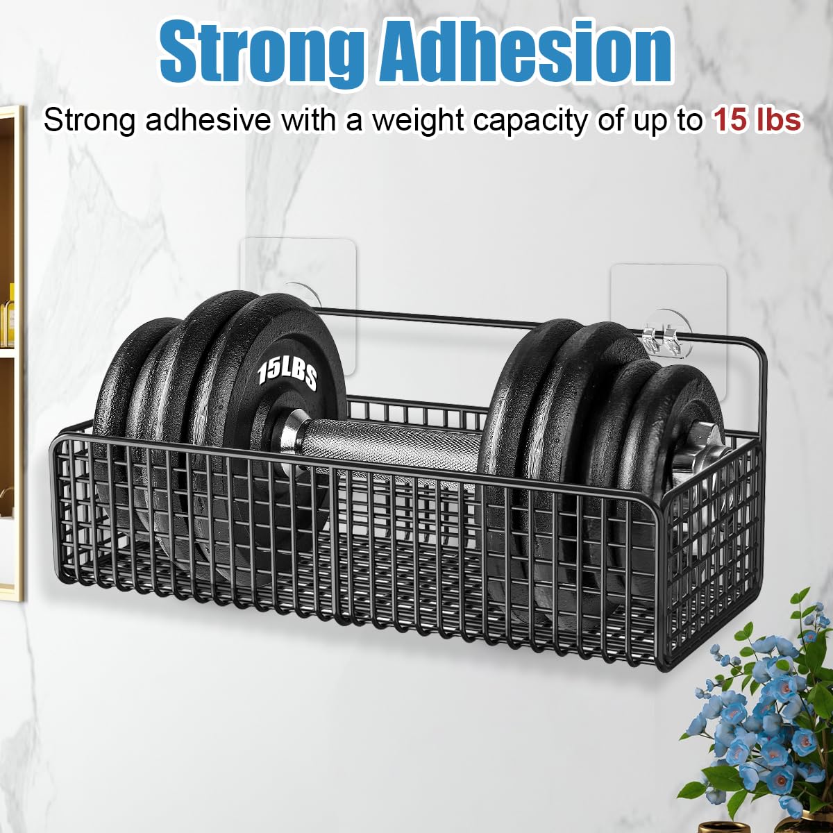 KOLAKO Wire Storage Basket, Self Adhesive Shower Storage Caddy Black, No Drilling Metal Shower Organiser, Wall Mounted Shampoo Holder
