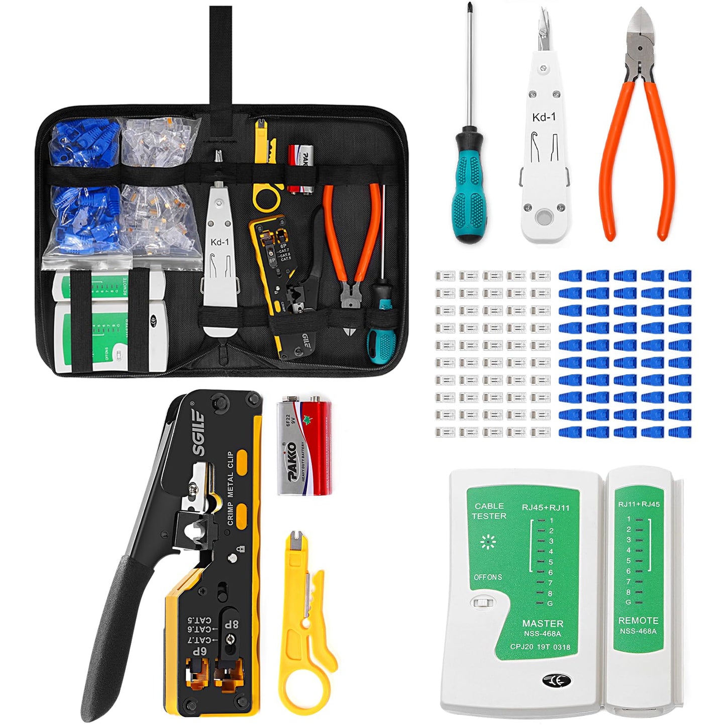 SGILE RJ45 Crimping Tool Kit, Pass Through Crimper Stripper Cutter, All-in-One for Cat5 Cat6 Cat7, Ethernet Crimp Tool Kit Network Tool Kits, Computer