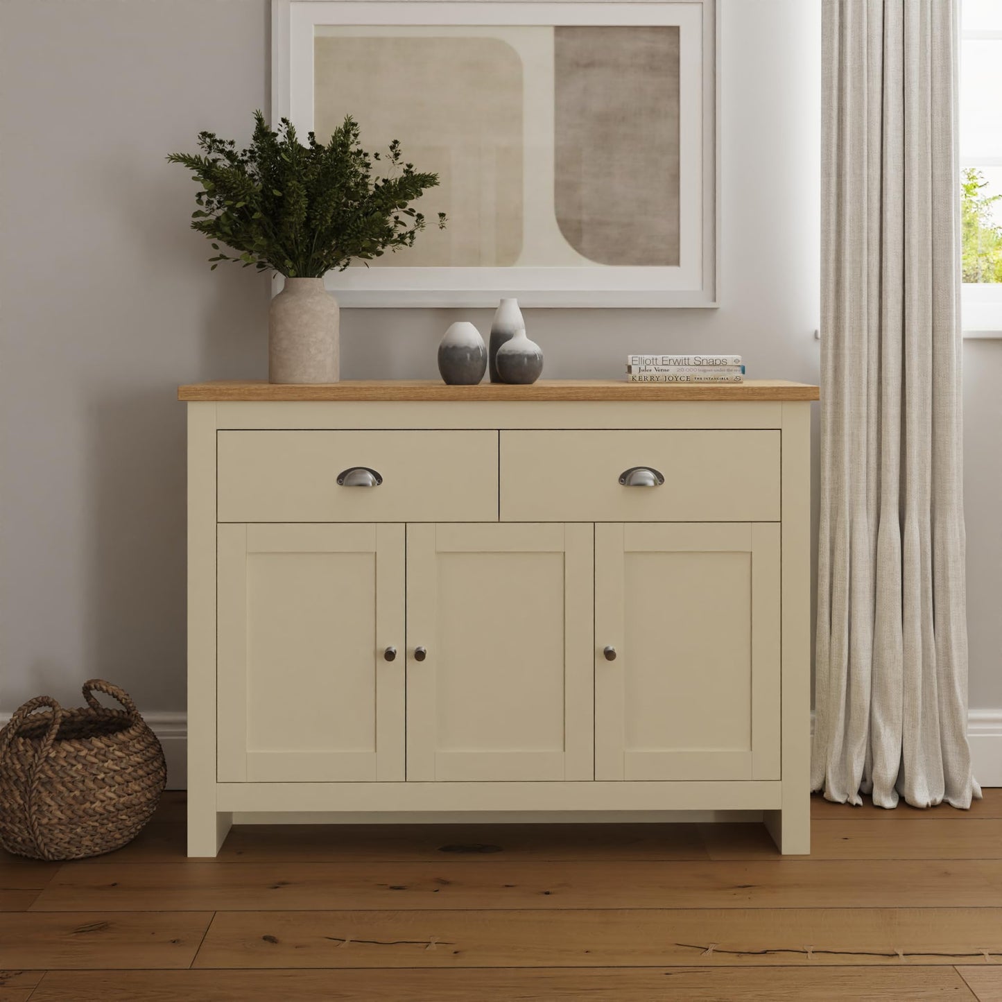 GFW Lancaster Large Sideboard, Cream and Oak Effect Storage Cabinet with 3 Doors and 2 Drawers, Country Cottage Living Room and Dining Room Furniture