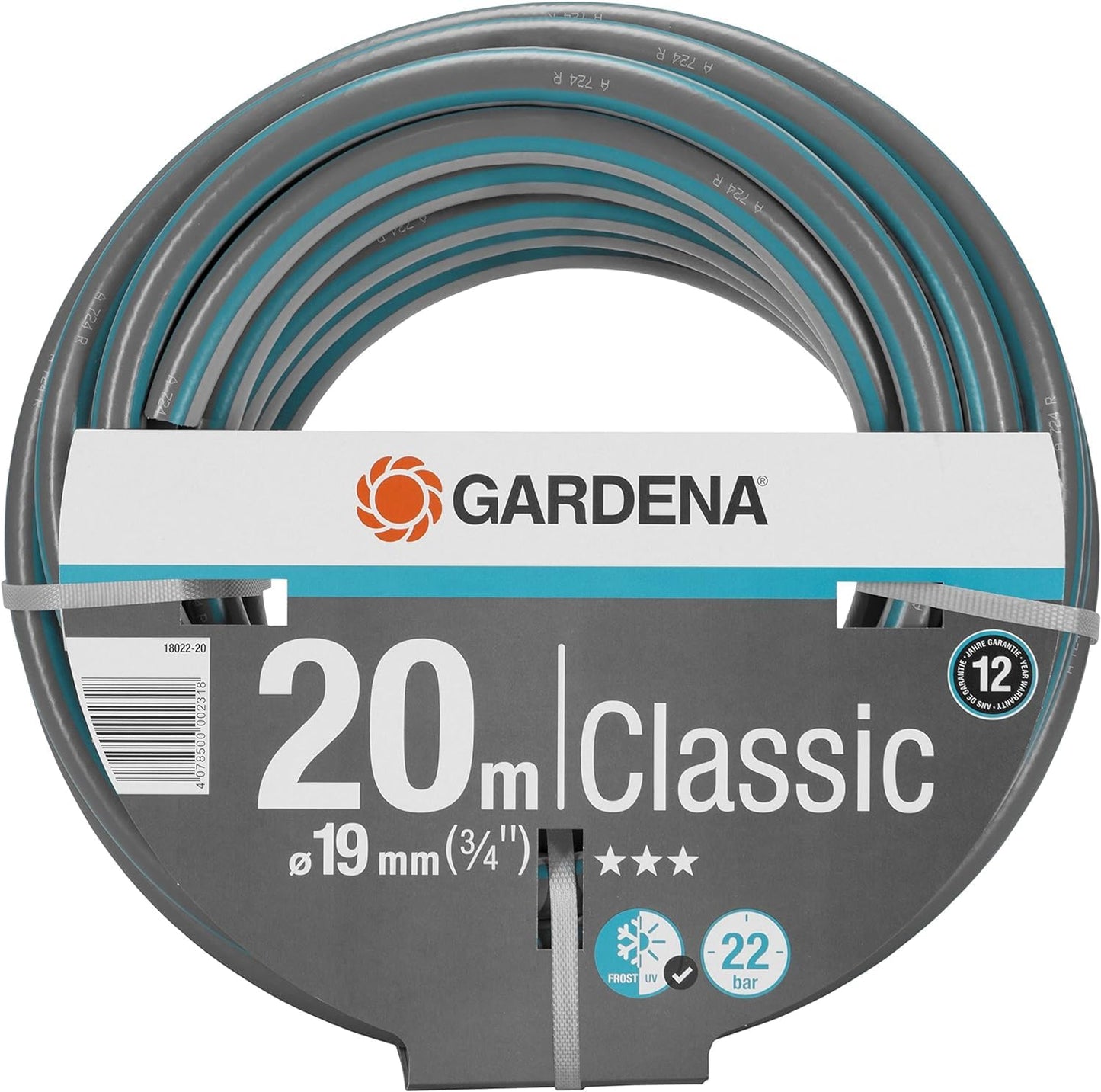 Gardena Classic Hose 19 mm (3/4 inch), 20 m: Universal Garden Hose Made of Sturdy Cross Fabric, 22 bar Bursting Print, Frost/UV-Resistant, Without