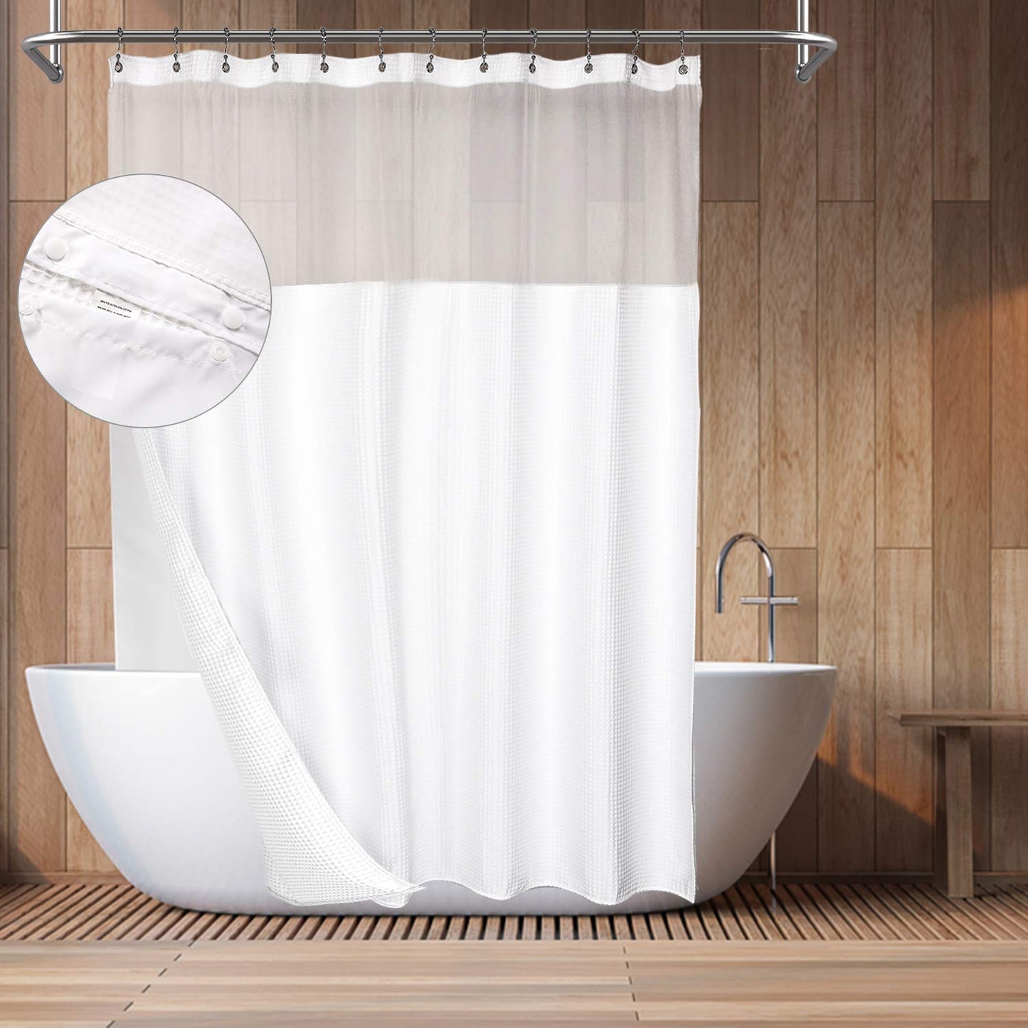 Barossa Design Hotel Style Cotton Shower Curtain with Snap-in Fabric Liner, Mesh Window Top, Honeycomb Waffle Weave Cotton Blend Fabric, Washable,