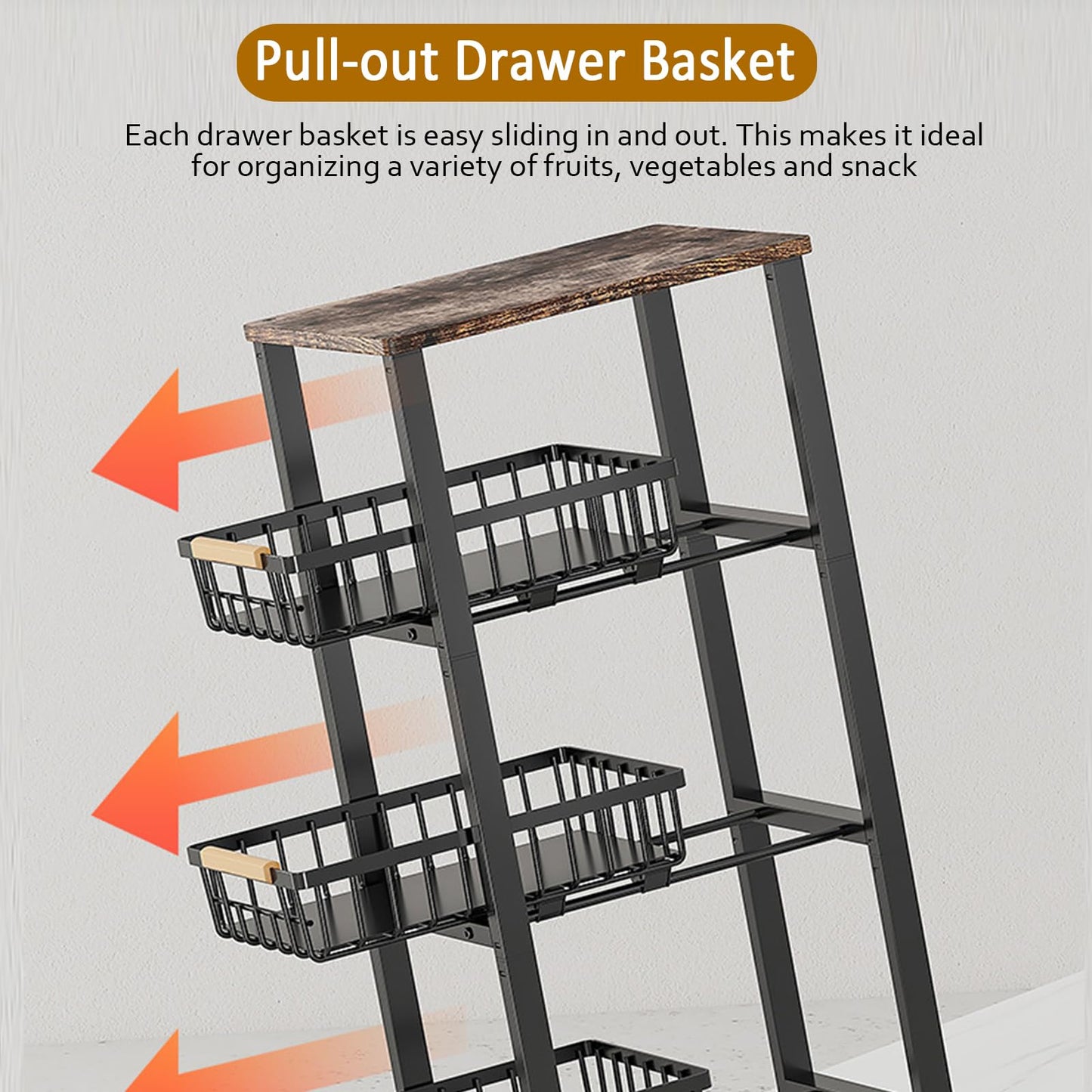 5-Tier Utility Kitchen Storage Cart with Pull-Out Baskets and Wooden Tabletop, Rolling Cart with Wheels for Kitchen, Living Room, Dining Room