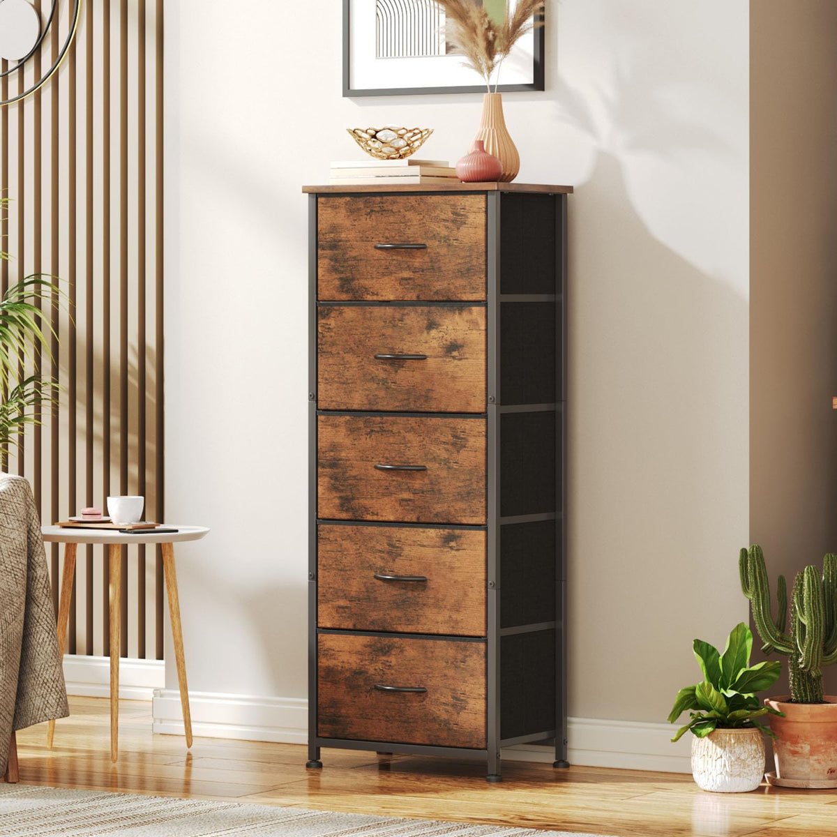 CAIYUN Chest of Drawers for Bedroom with 5 Drawers, Fabric Storage Drawer, Tall Brown Hallway Storage Unit