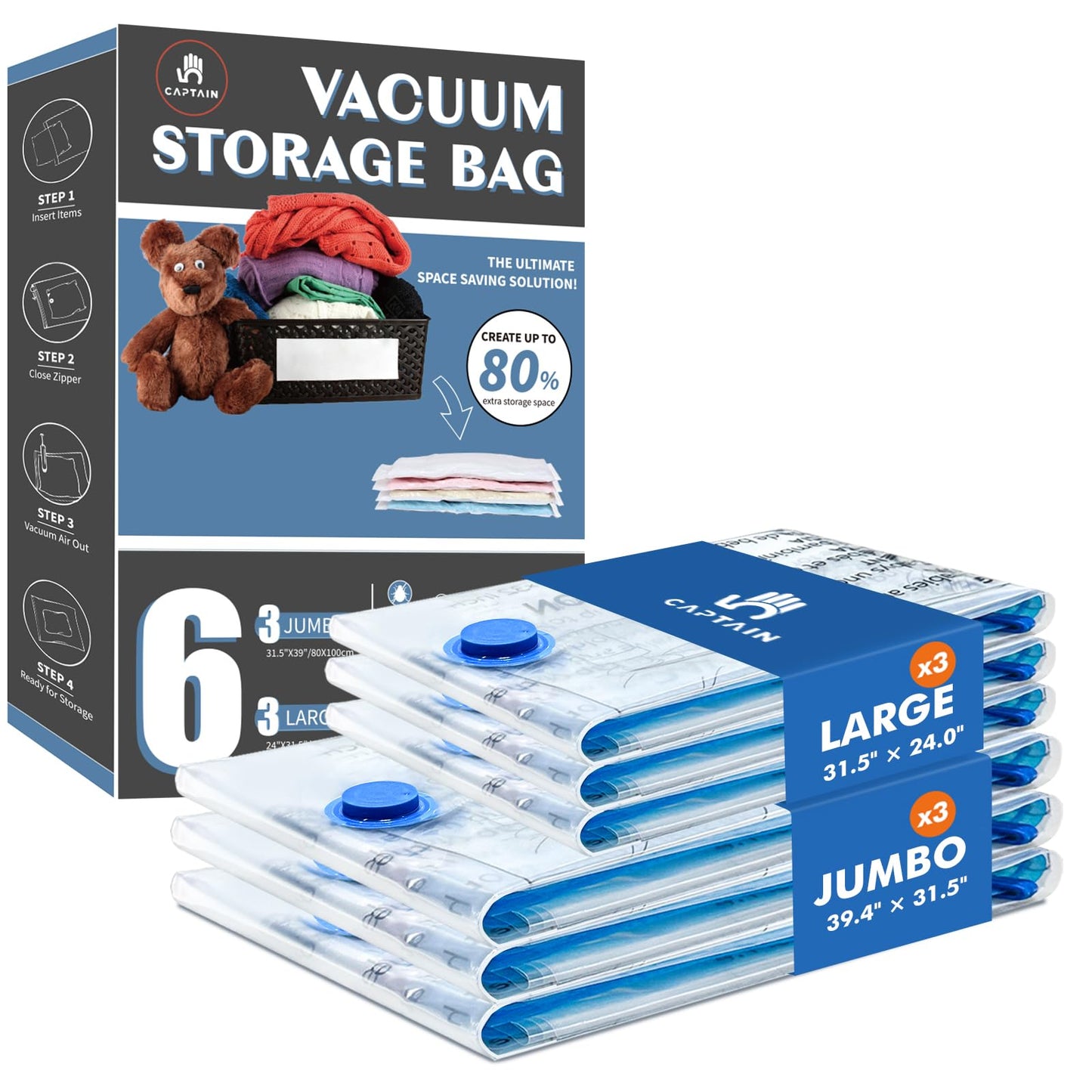 CaptainFive Vacuum Storage Bags 6 Combo (3 Jumbo + 3 Large), Space Saver Sealer Vacuum Bags for Clothes, Pillows, Duvets, Bedding
