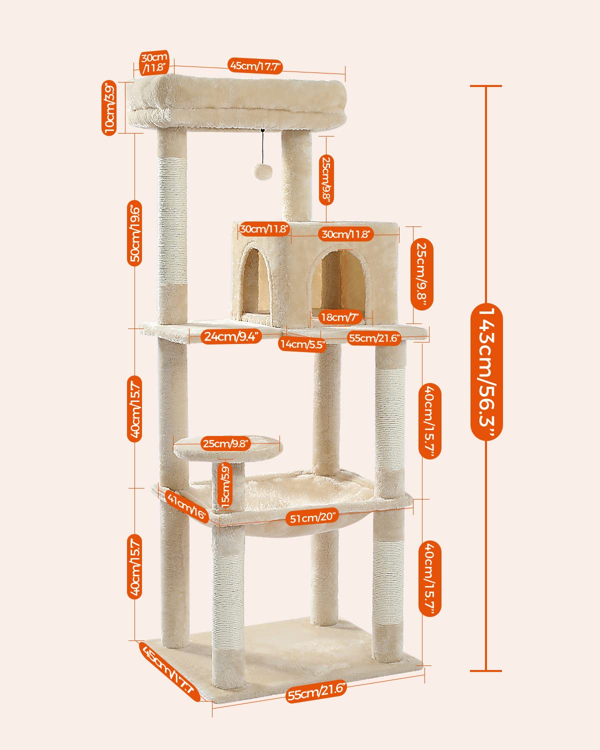 PAWZ Road Cat Tree 143cm, Big Cat Tower 56.3 Inches with Hammock and Lovely House, Activity Center Stable and Sturdy Size L Beige