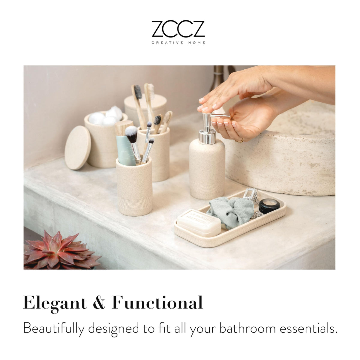 zccz Beige Bathroom Accessory Set 6 Pieces - Bathroom Organiser with Tootbrush Holder, Lotion Soap Dispenser, Vanity Tray and 2 Qtip Holders - Modern