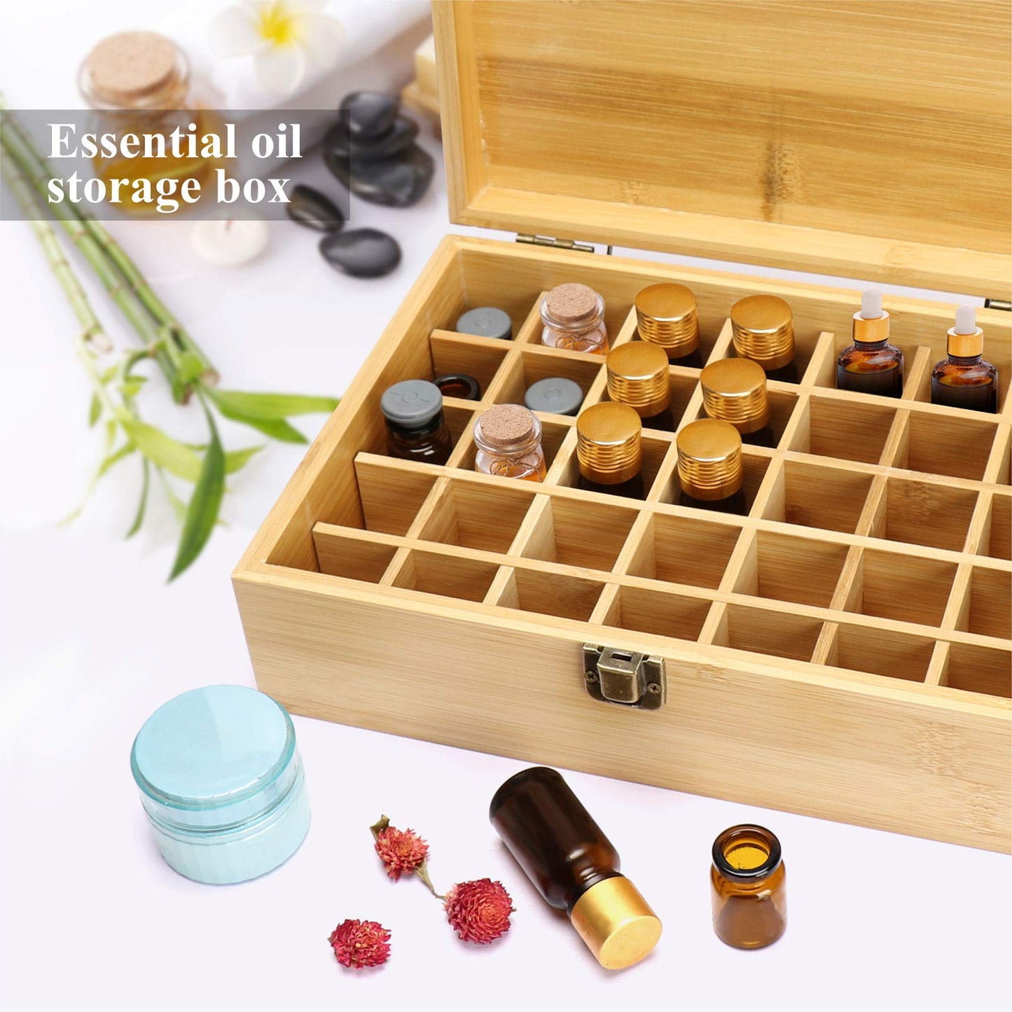 RoseFlower Bamboo Essential Oil Storage Box Home Fragrance Carrier Case, Holds 35 Bottles for 5, 10, 15ml