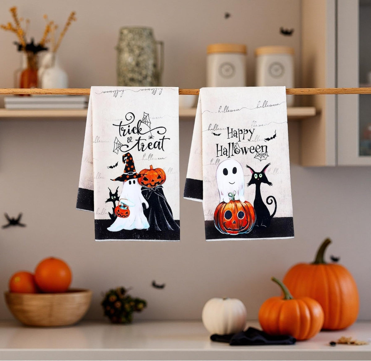 Dmnnlp 2 Pcs Halloween Kitchen Dish Towel, 45x70cm Pumpkin Ghost Black Cat Halloween Tea Towels Washcloths Cleaning Cloths