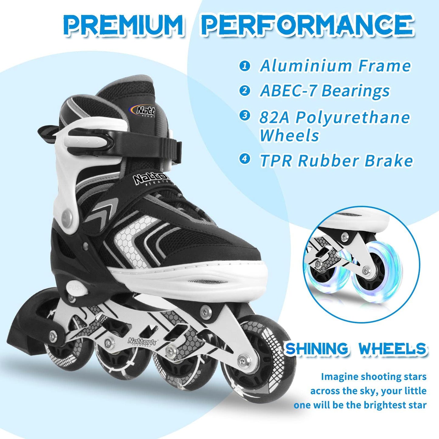 Nattork Roller Skates for Boys with Full Light up Wheels, Adjustable Beginner Inline Skates for Big Kids, Black, Size 1 2 3