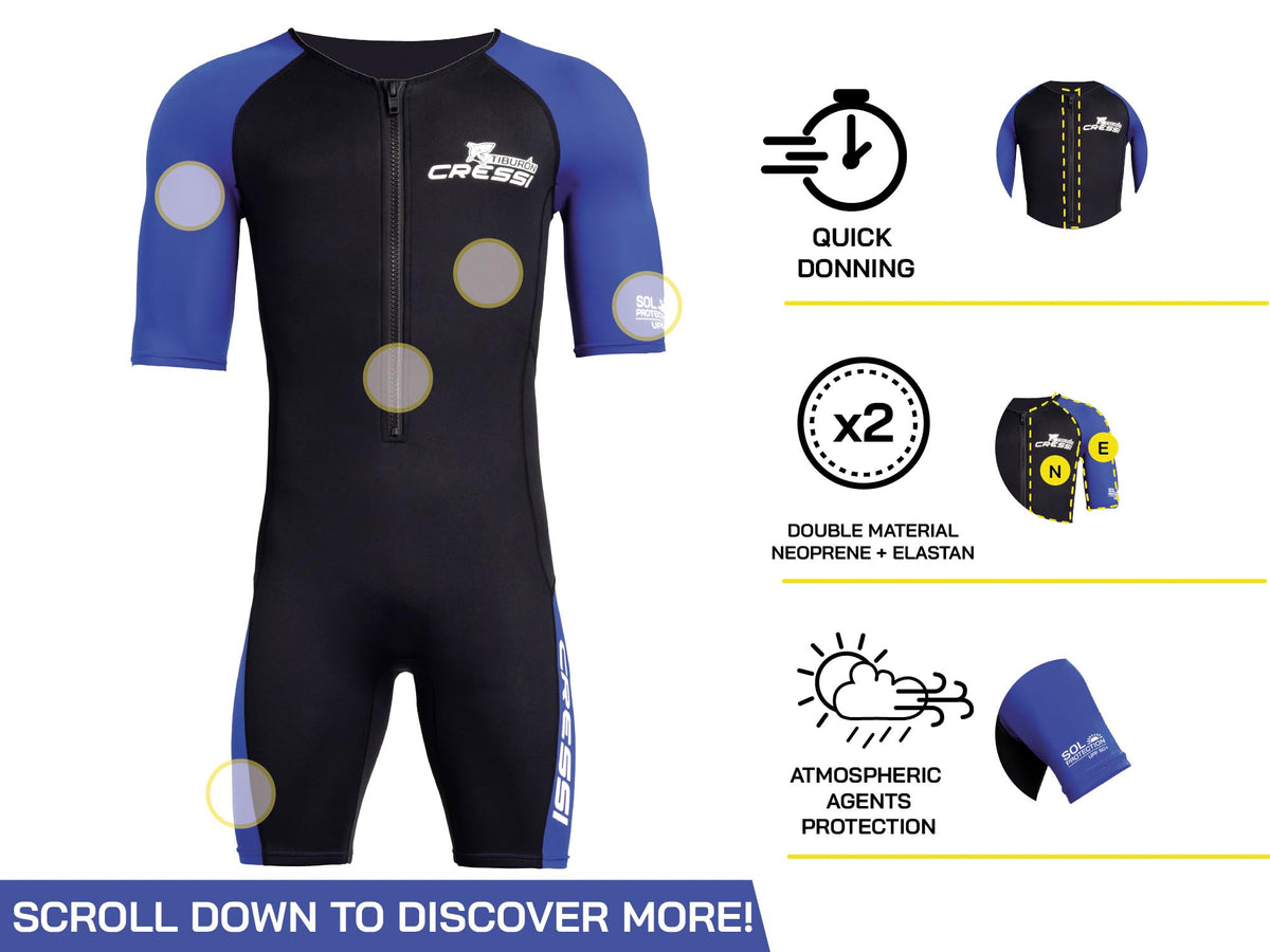 Cressi Mens Tiburon Man Monopiece 2 Mm Shorty Wetsuit, Black / Blue, XL EU