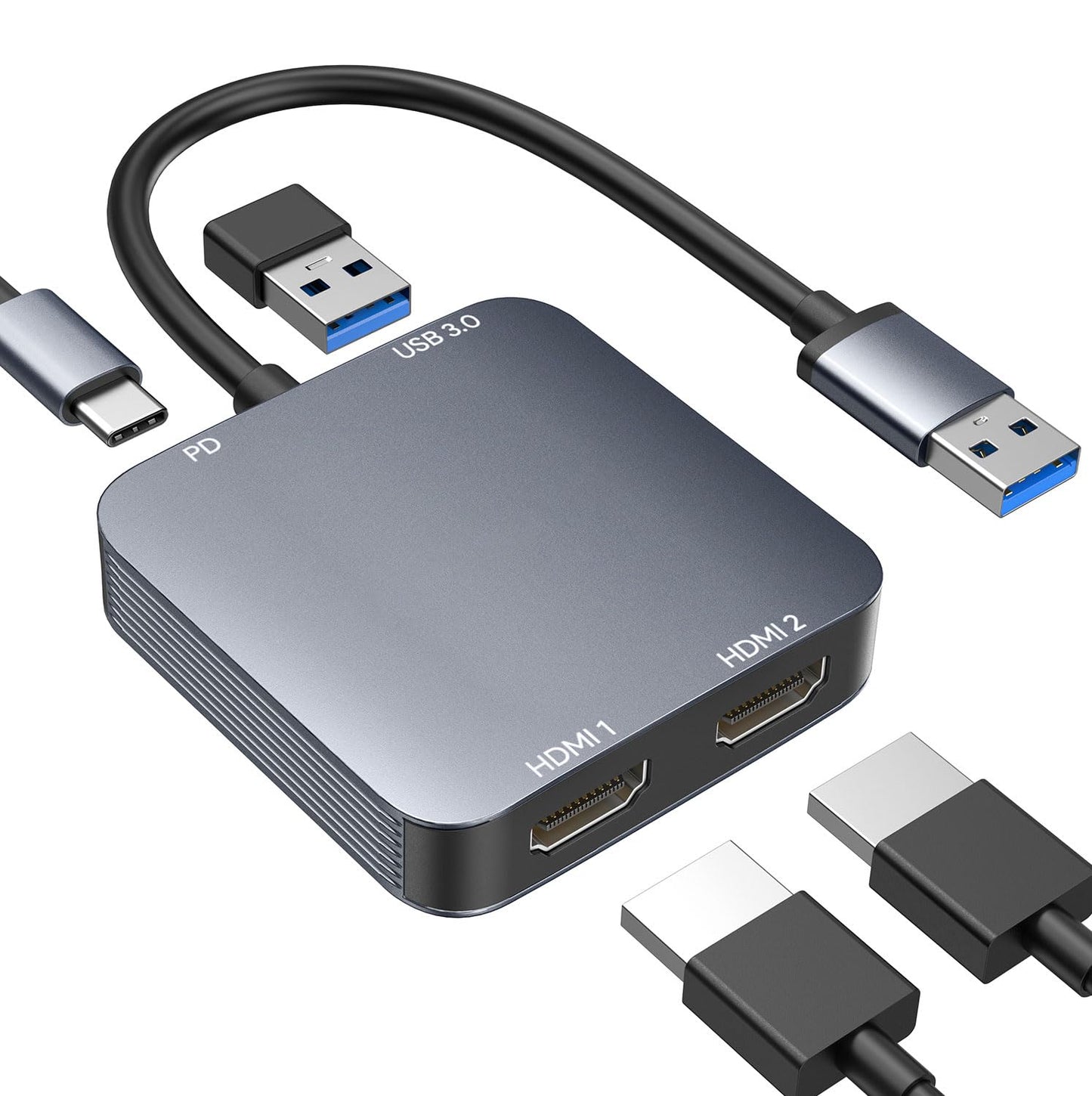 ABLEWE USB 3.0 to Dual HDMI Adapter with USB 3.0 Port, HDMI to USB Audio Video Graphics Converter Cable for Laptop Monitor Desktop TV, Compatible with