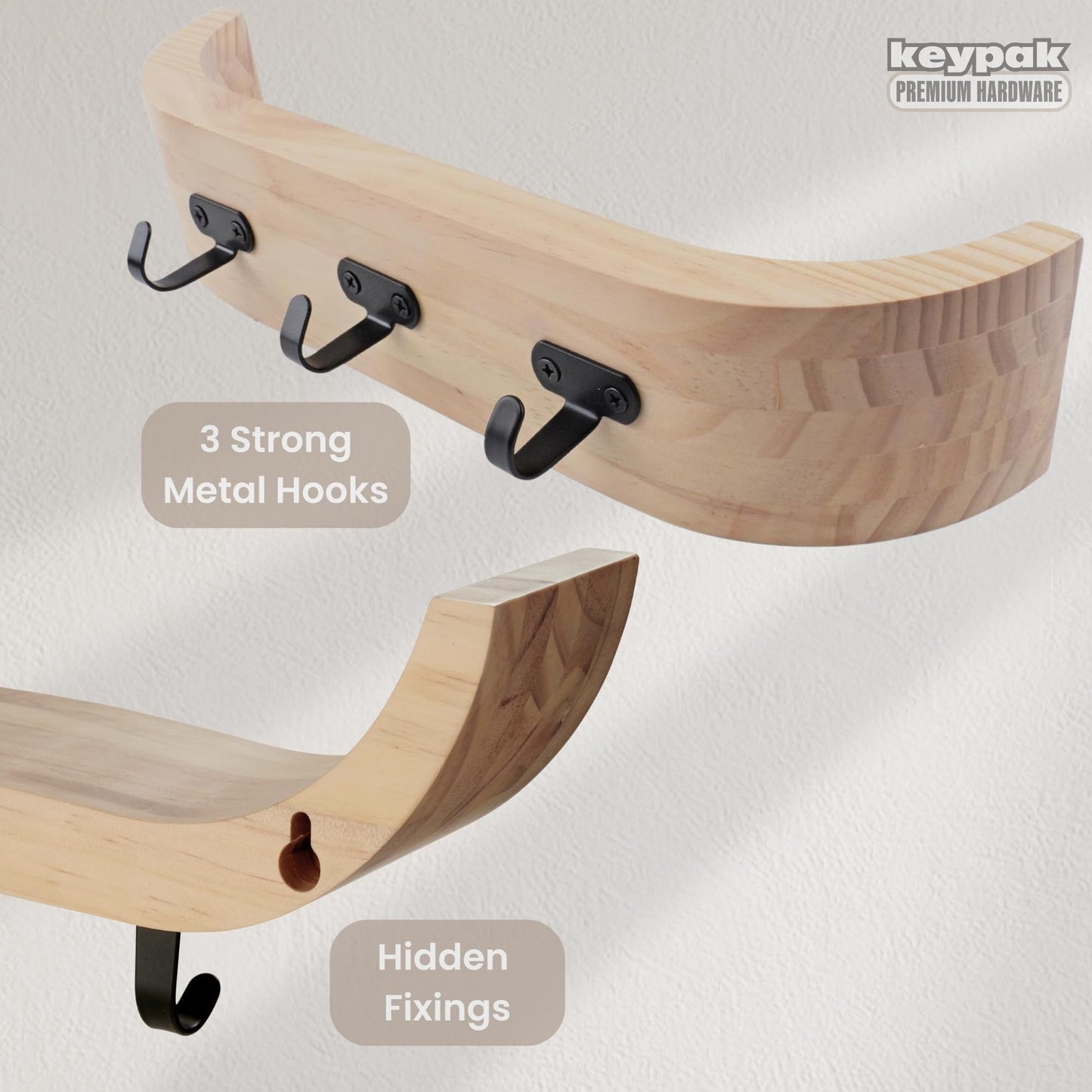 keypak Scandi Wooden Curved Key Holder, Shelf with 3 Hooks