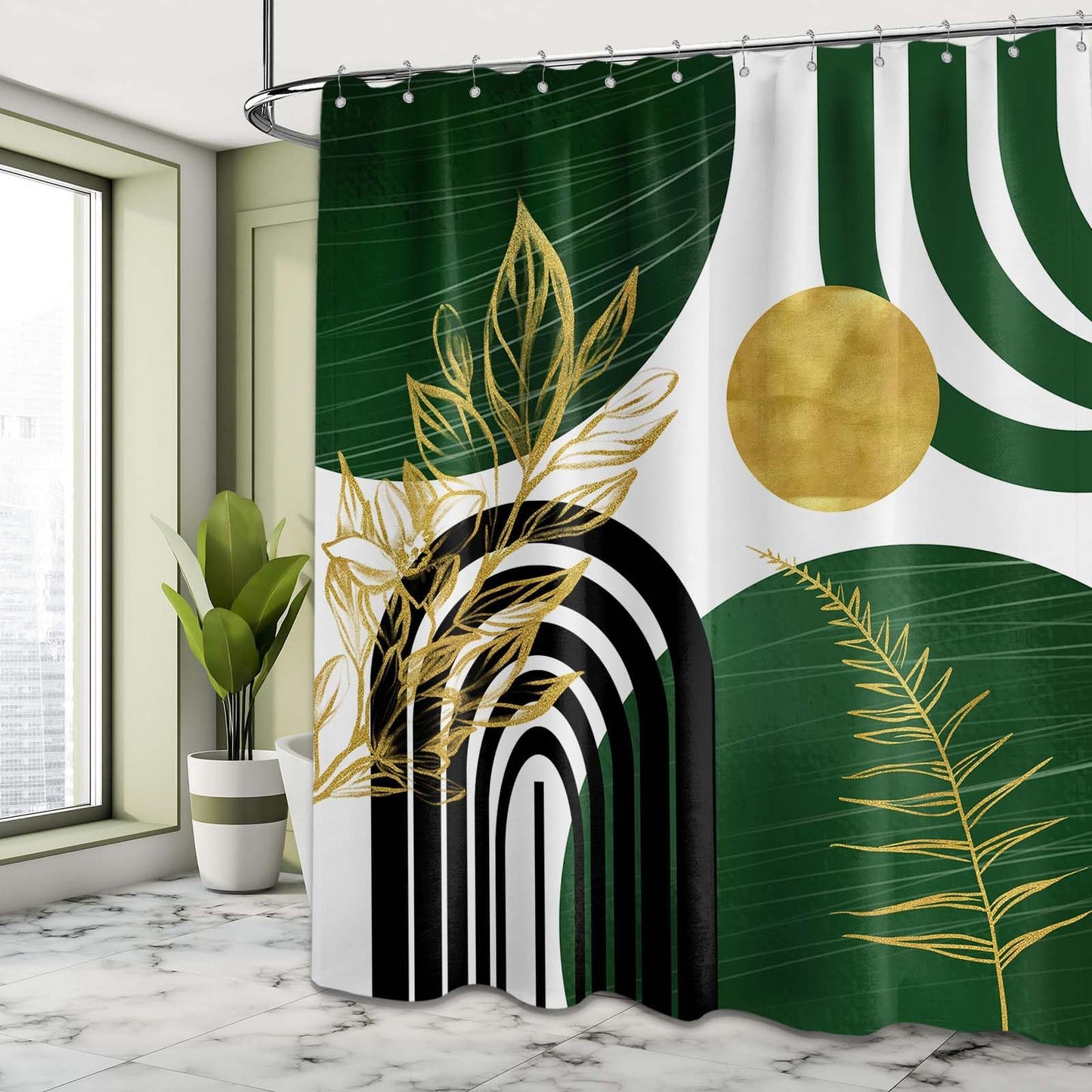 LanZanthic Dark Green Boho Shower Curtains for Bathroom Green and Gold Abstract Mid Century Modern Wet Room Shower Curtain with hooks