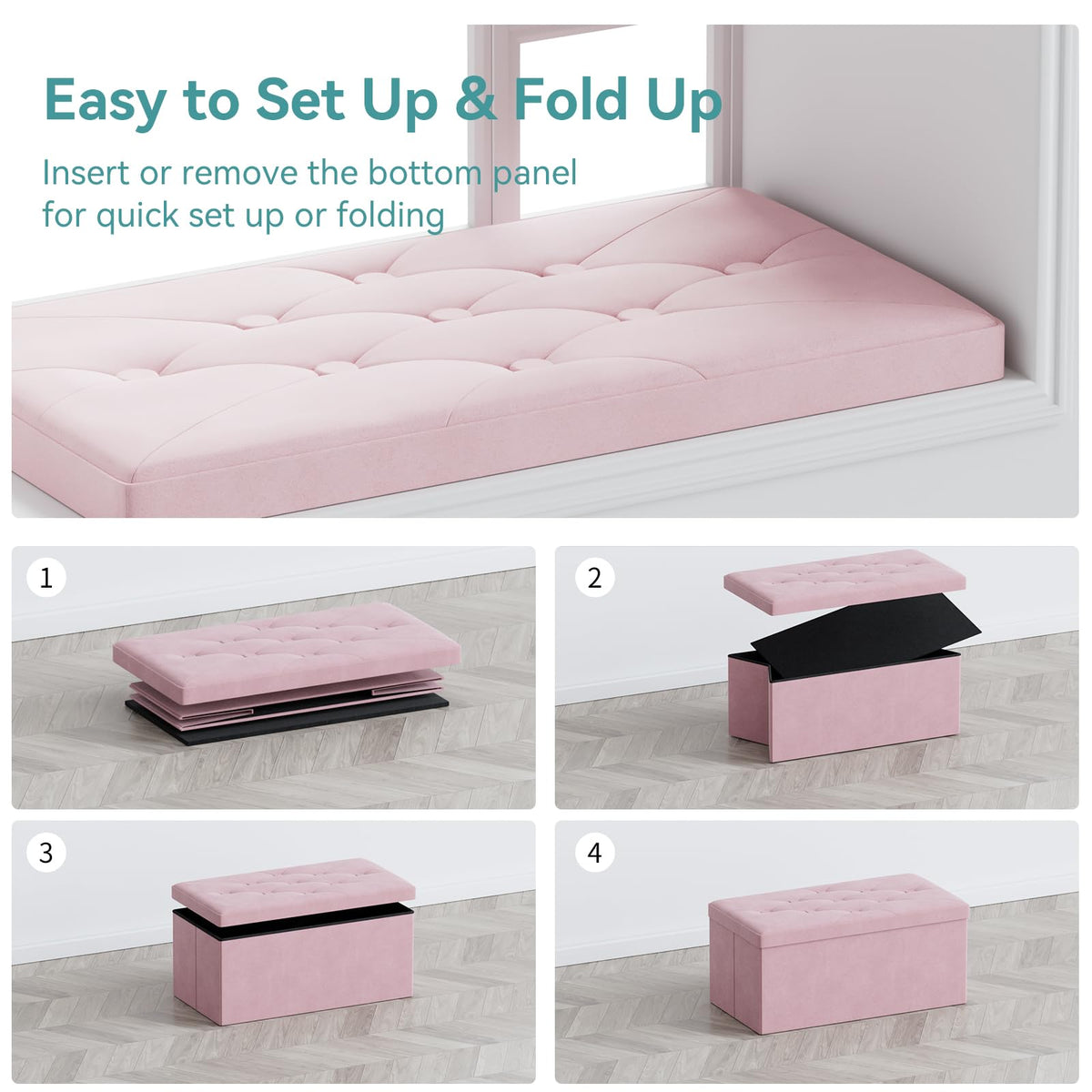 BRIAN & DANY Ottoman Storage Box Velvet Foldable Storage Ottoman Bench with Lid for Living Room, 80 x 40 x 40 cm, Pink