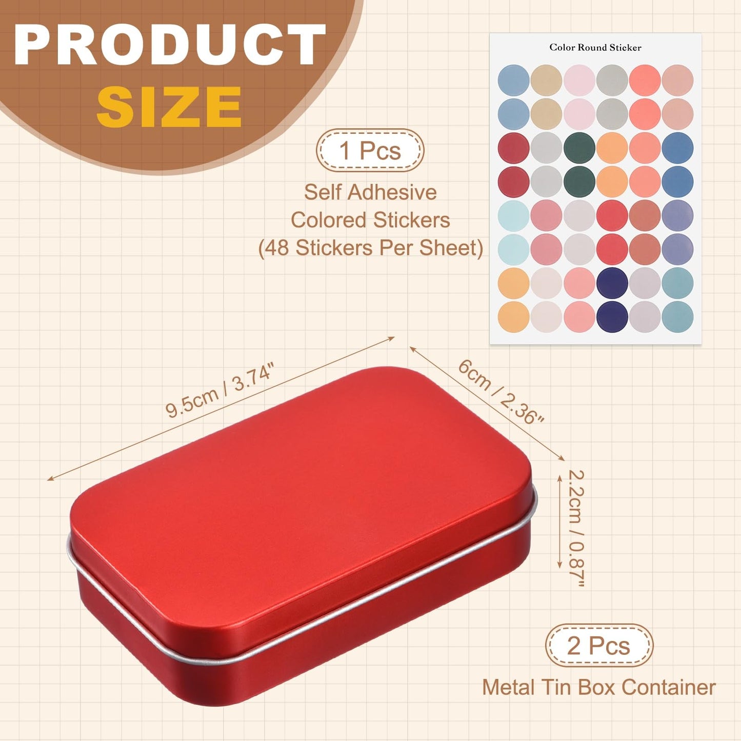 sourcing map 2Pcs Metal Tin Box Container, 3.7x2.4x0.9 Rectangular Empty Box with Self Adhesive Colored Stickers
