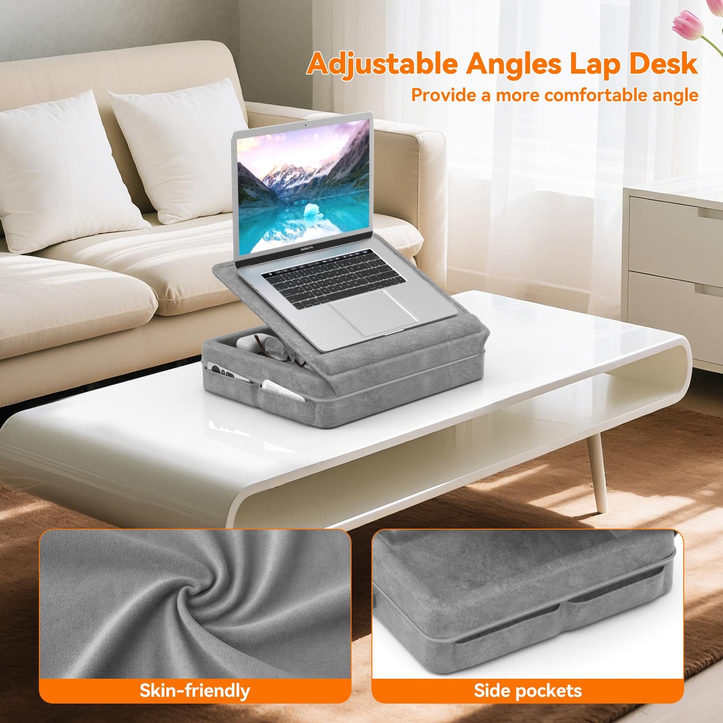 KDD Laptop Lap Desk with Cushion, Laptop Table with Storage for Bed & Sofa, Adjustable Lap Pillow Stand with Anti-Slip Strip & Cell Phone/Tablet Slot