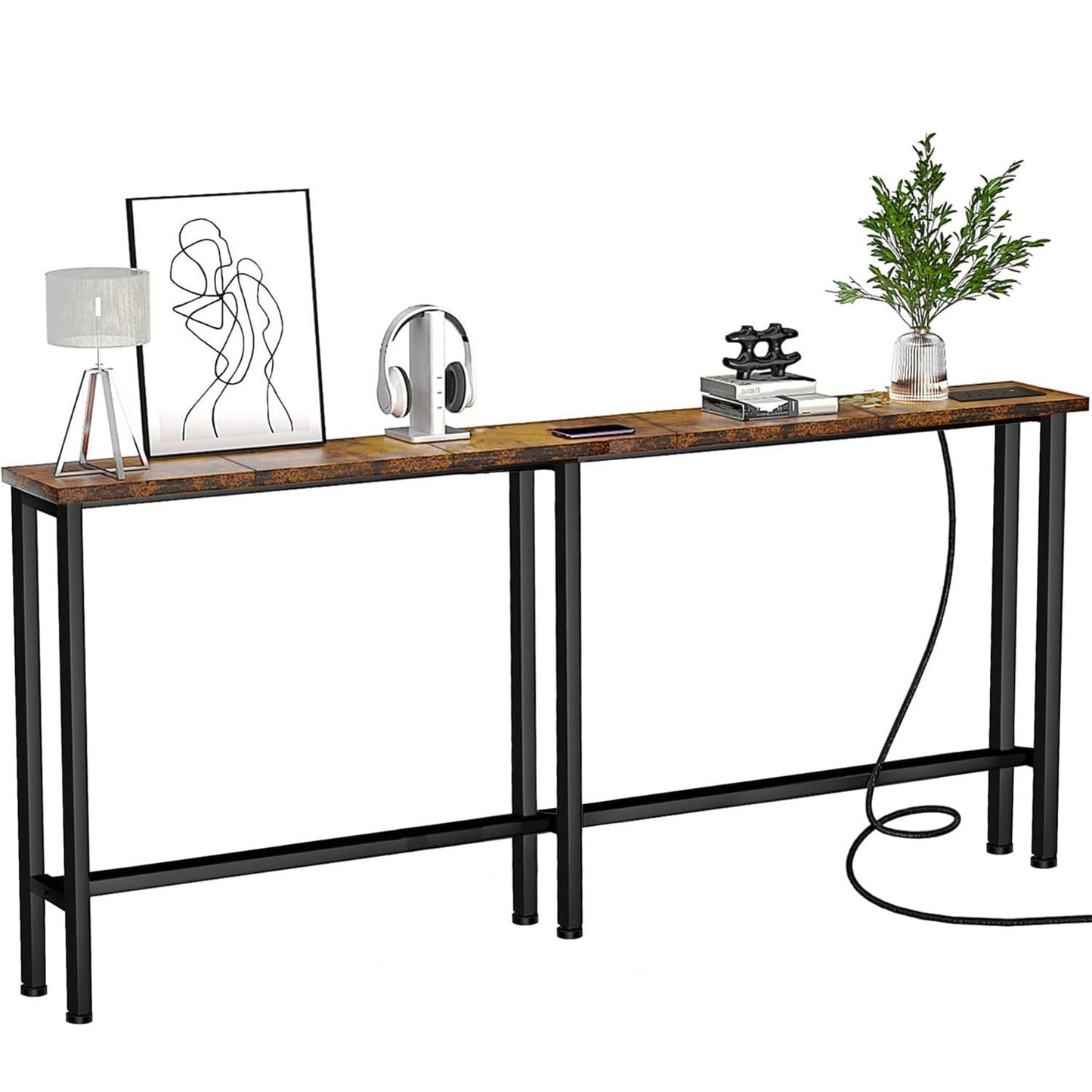 Keelian 160 cm Behind Sofa Console Table with Power Outlet Rustic Brown