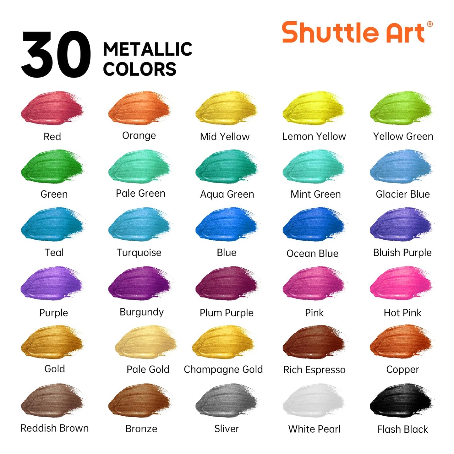 Shuttle Art Metallic Acrylic Paints Set, 30 Colours Metallic Paint in Bottles (60ml, 2oz) with 10 Brushes and Palette, Rich Pigments, Non-Toxic for