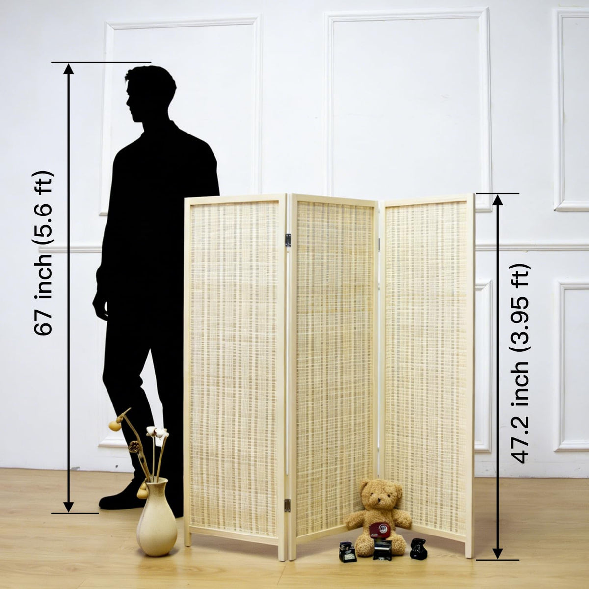 Furnnylane 3 Panel Bamboo Room Divider Short Folding Screen Divider,Double Sided Bamboo Divider Screen for Room Separation,Beige,120 cm H x 117 cm W