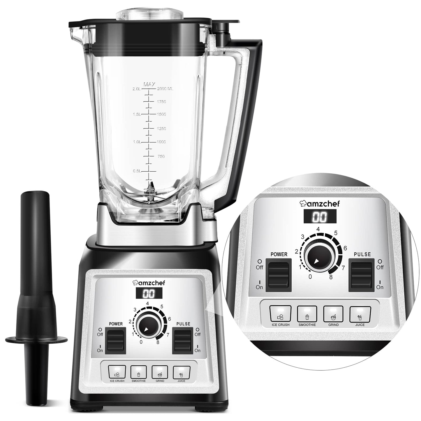 AMZCHEF Blender Smoothie Maker - 2000W Commercial Blender with 2L BPA Free Container - 25000RPM High Speed blender with 8 Speeds Control for kitchen -