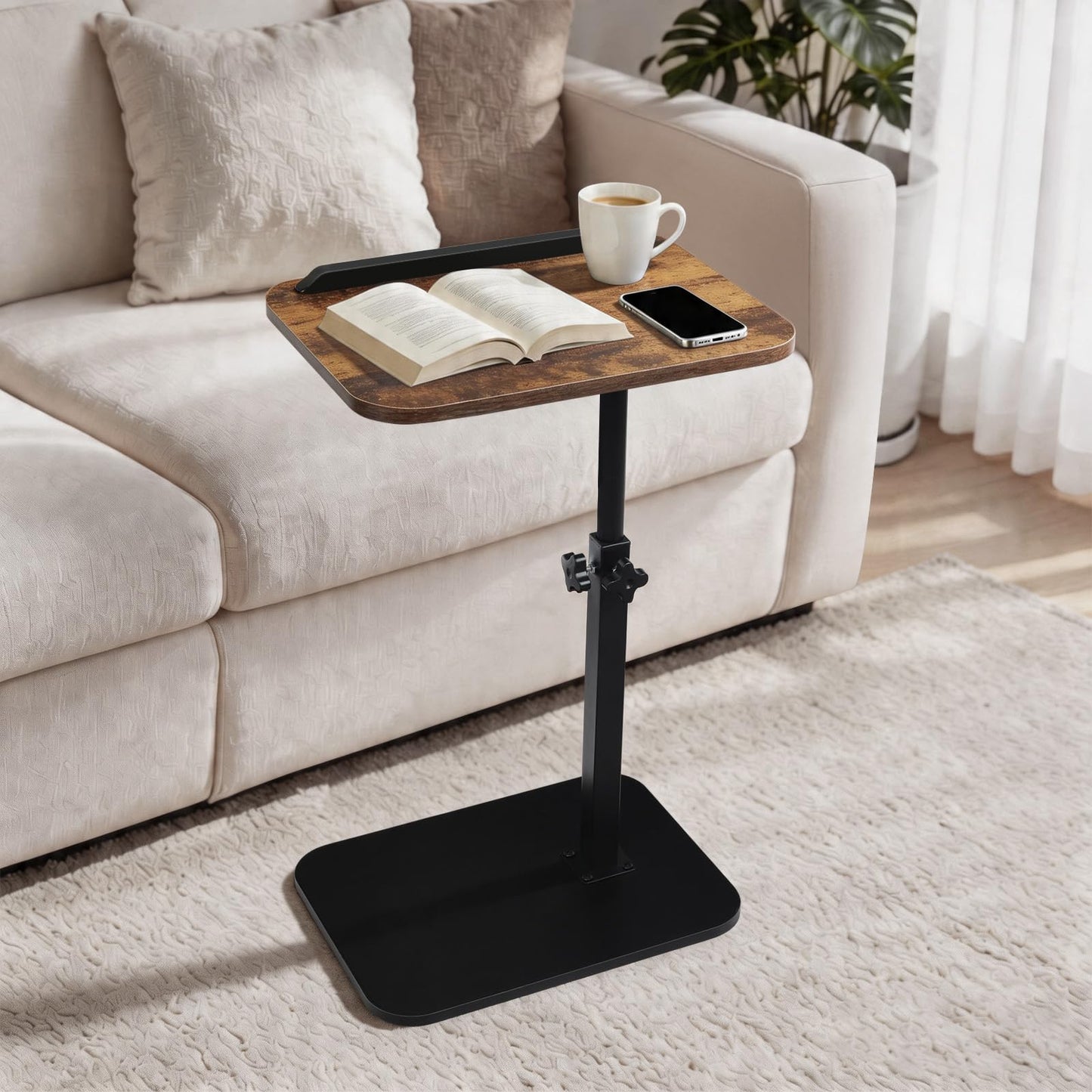 comfoyar C Shaped Side Table Adjustable Height, 360° Swivel 180° Flip Bedside Table with Slat for Sofa Bathtub