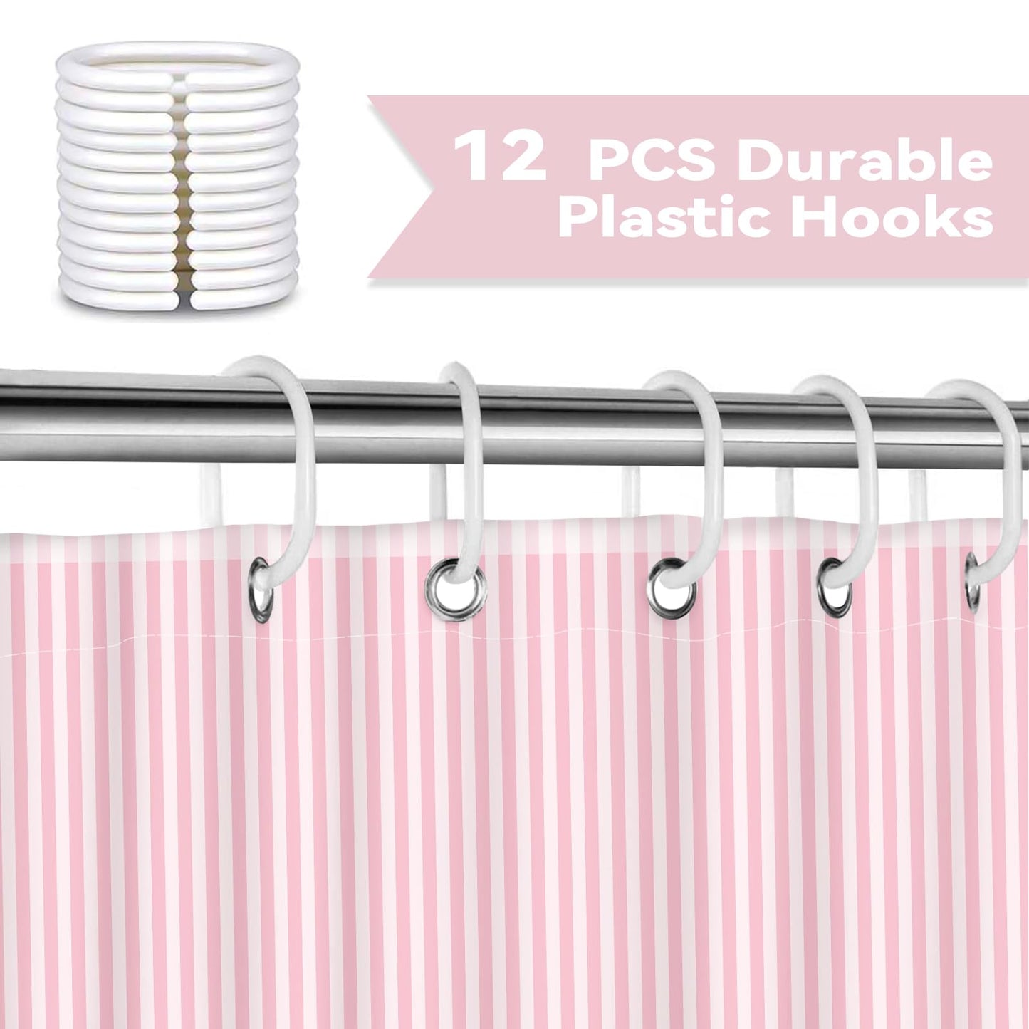 Hopomoon Pink and White Striped Shower Curtain,Vintage Pink Vertical Striped Geometric Waterproof Polyester Fabric Bath Curtain with 12 Hooks 72 x 72