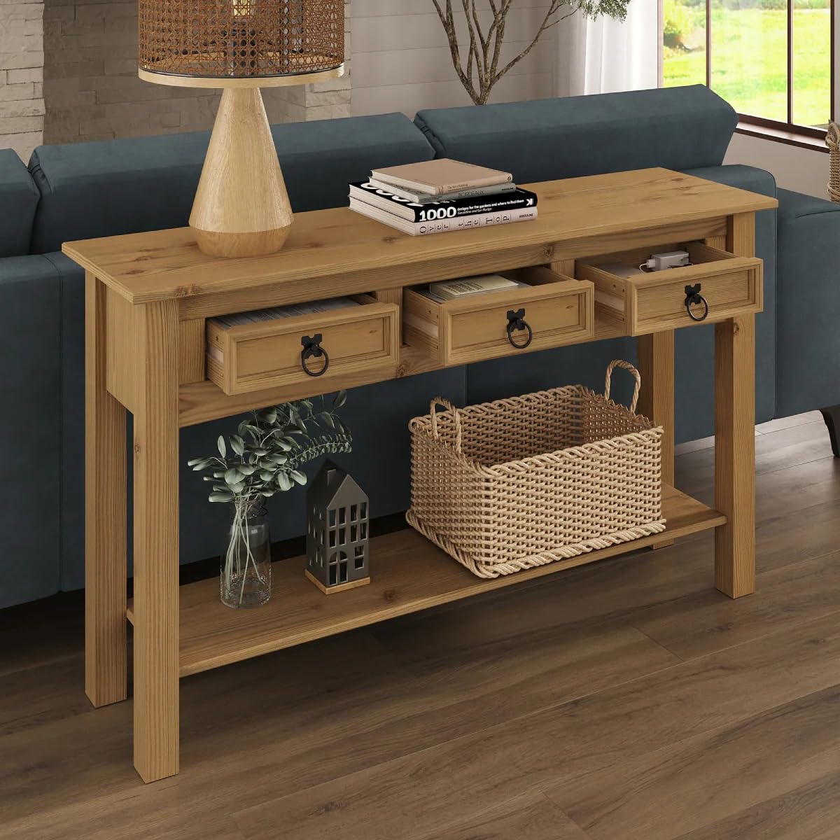 Corona Console Hall Table 3 Drawer Solid Pine Wood with Wax Finish Mexican Style Black Metal Hardware W 122 cm x D 32 cm x H 73 cm
