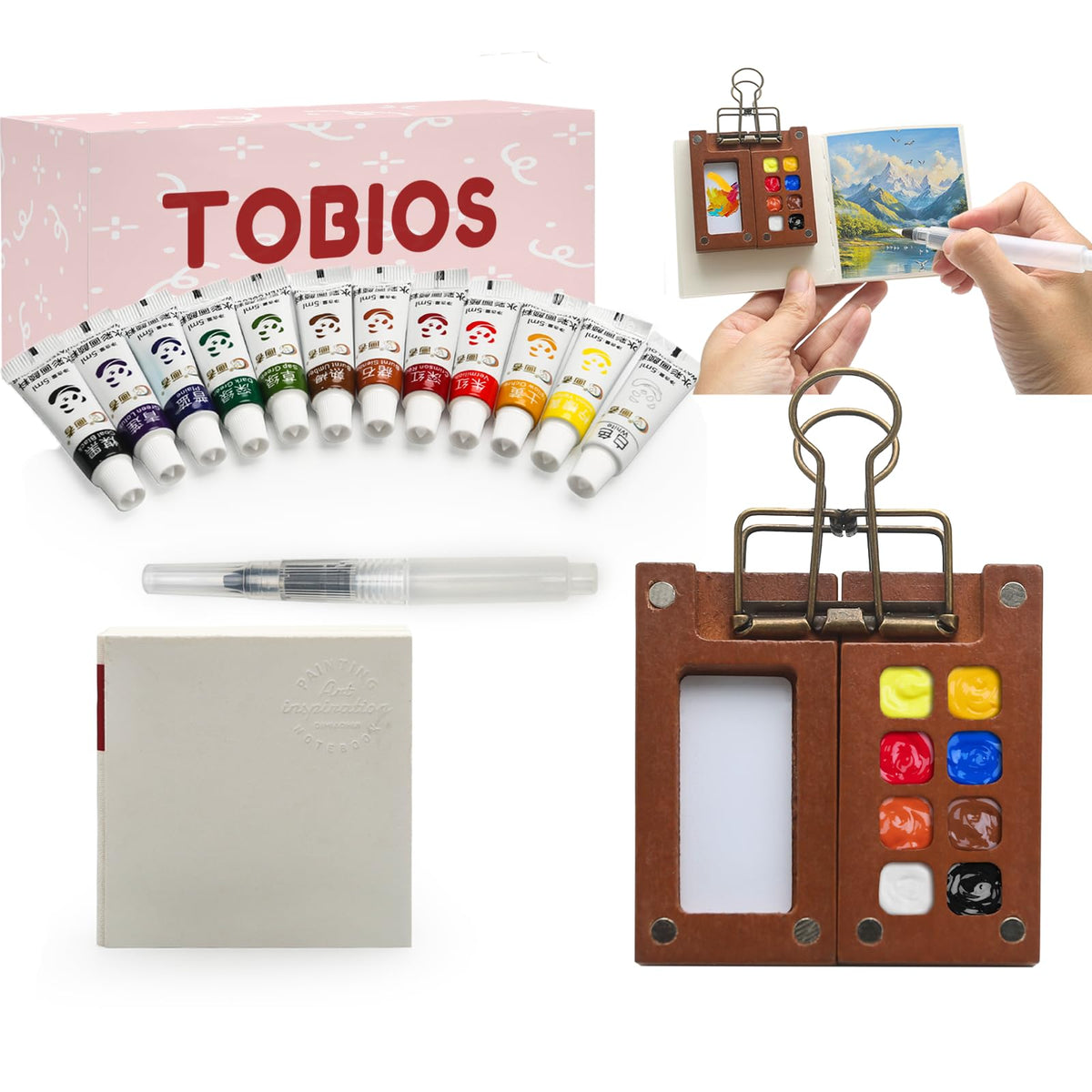 Tobios Mini Watercolour Kit,Travel Watercolour Set,Mini Watercolour Paint Set Travel with Brush, Wooden Palette and Sketchbook,Suitable for Beginners