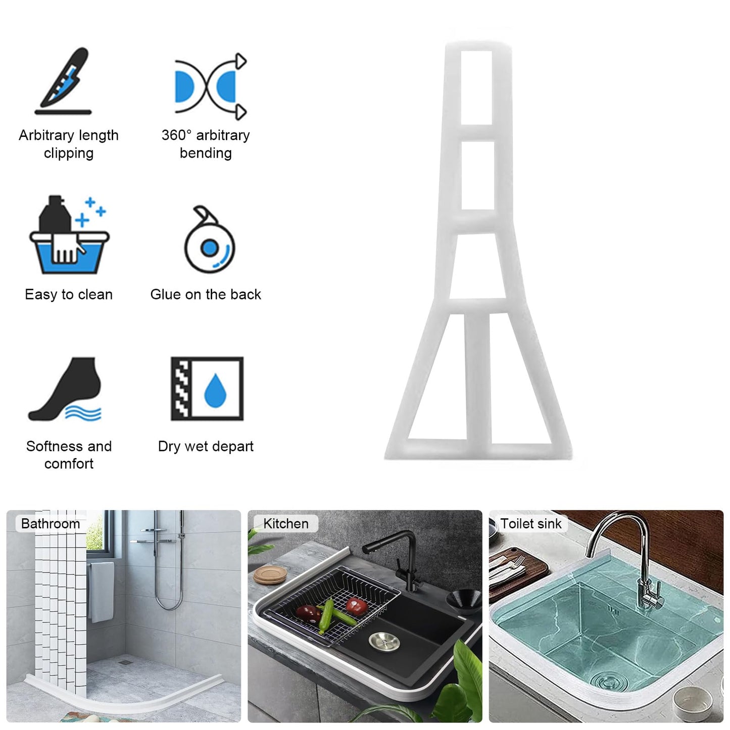 1M Wet Room Floor Barrier, 8.9cm Height TPE Curved Shower Threshold Water Barrier, Wet Room Shower Seal Strip