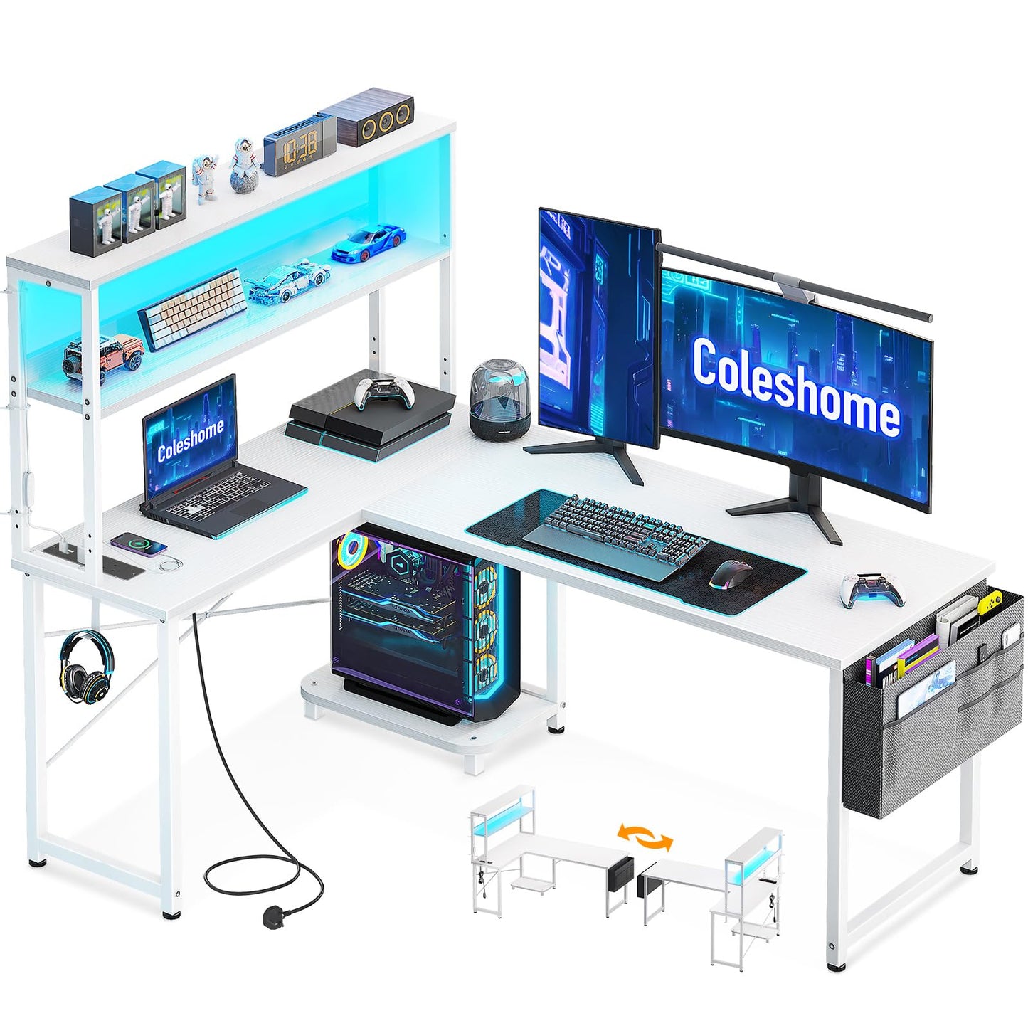 Coleshome L Shaped Gaming Desk with LED Lights & Power Outlet, White