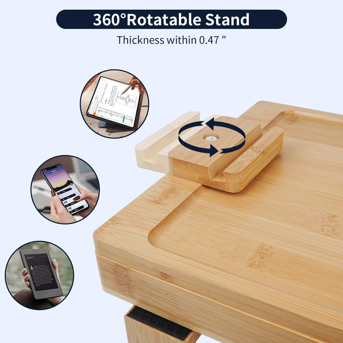 PURASKER Sofa Arm Tray, Bamboo Couch Arm Table, Two-Tier Clip On Tray Sofa Table with 360° Rotating Tabletop and Phone Stand, For Eating and Drinking