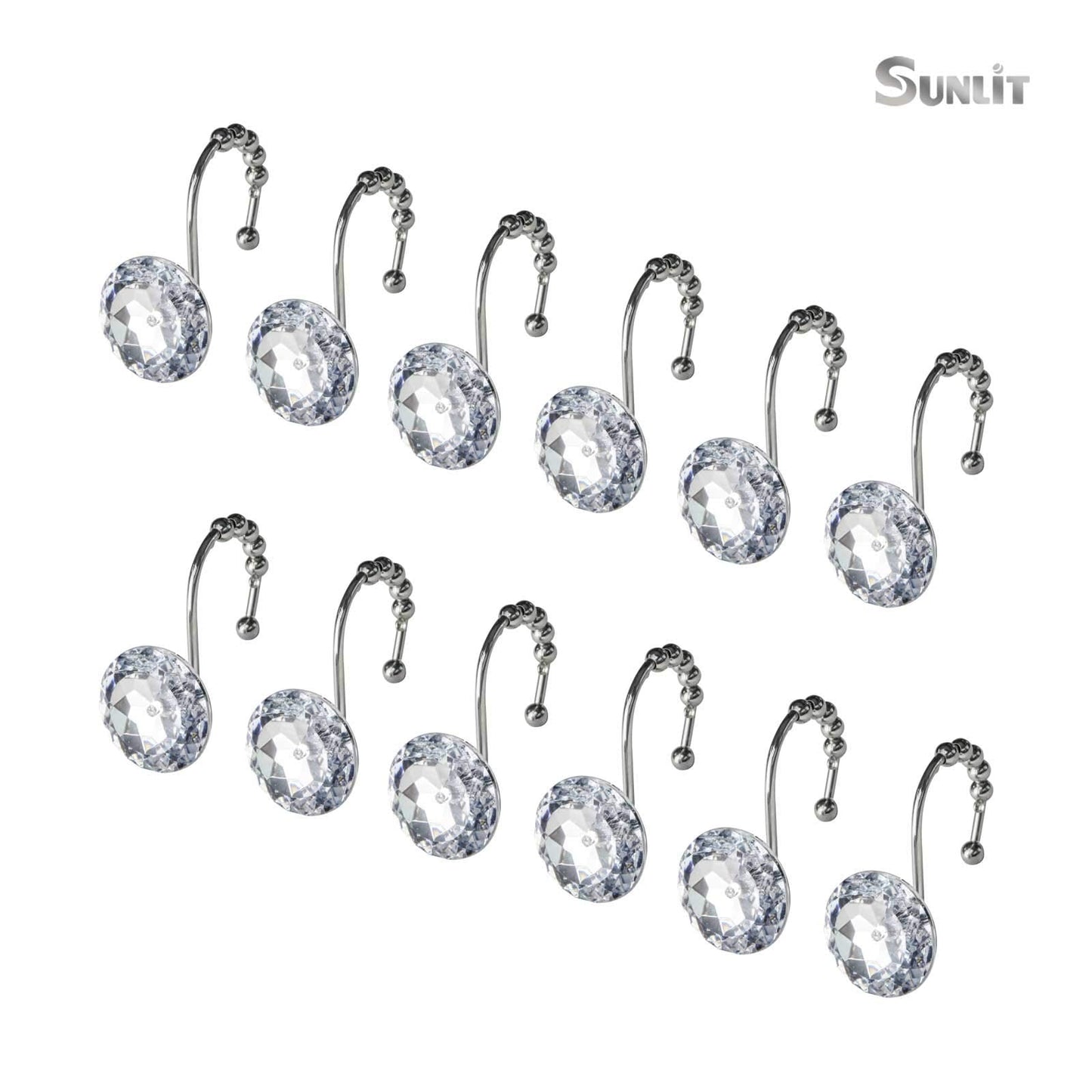 Sunlit Luxury Design Round Clear Diamond Crystal Gem Bling with Glide Balls Shower Curtain Hooks