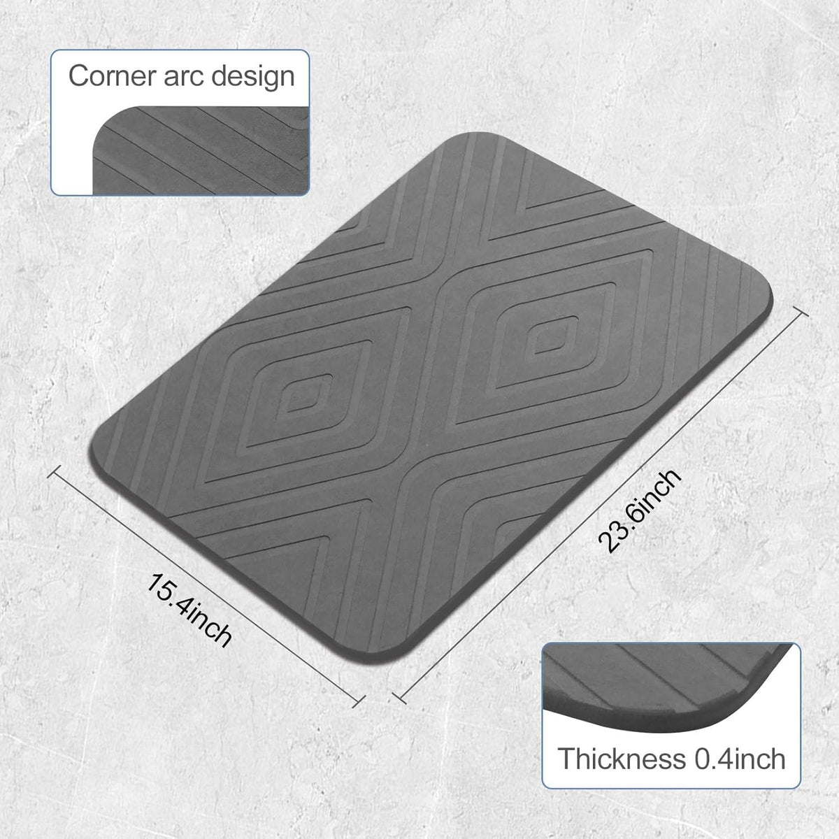 HUMIGA 2 Pack Stone Bath Mat, Diatomaceous Earth Shower Mat, Non-Slip Super Absorbent Quick Drying Bathroom Kitchen Floor Mat, 24x15, Grey