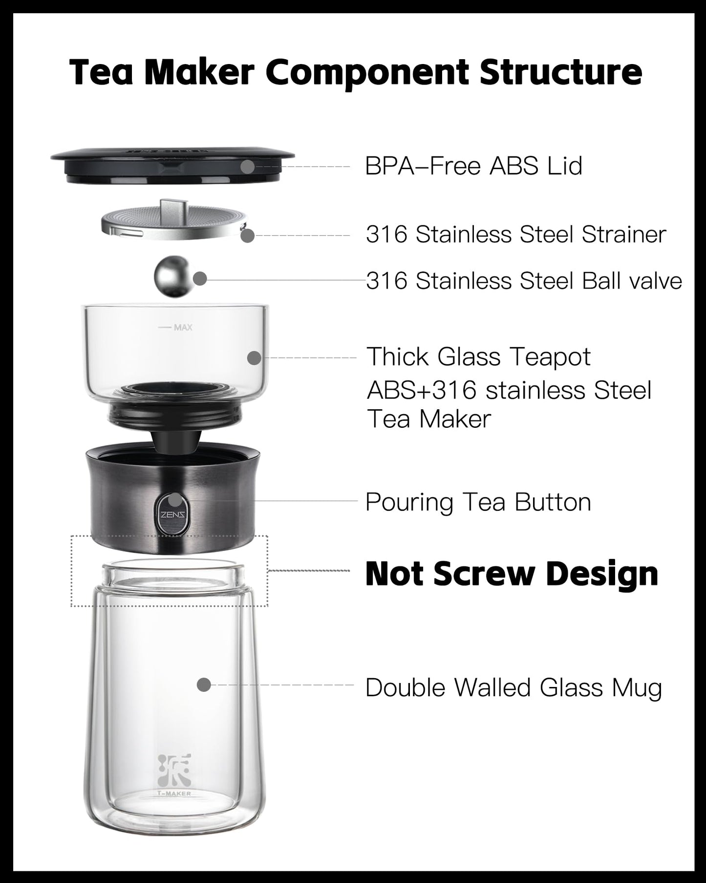 ZENS Modern Solo Tea Infuser Teapot, Smart One Touch Drip Tea Pot for Loose Tea Diffusers, Small Glass Gongfu Magic Teapot with 270ml Insulated Cup