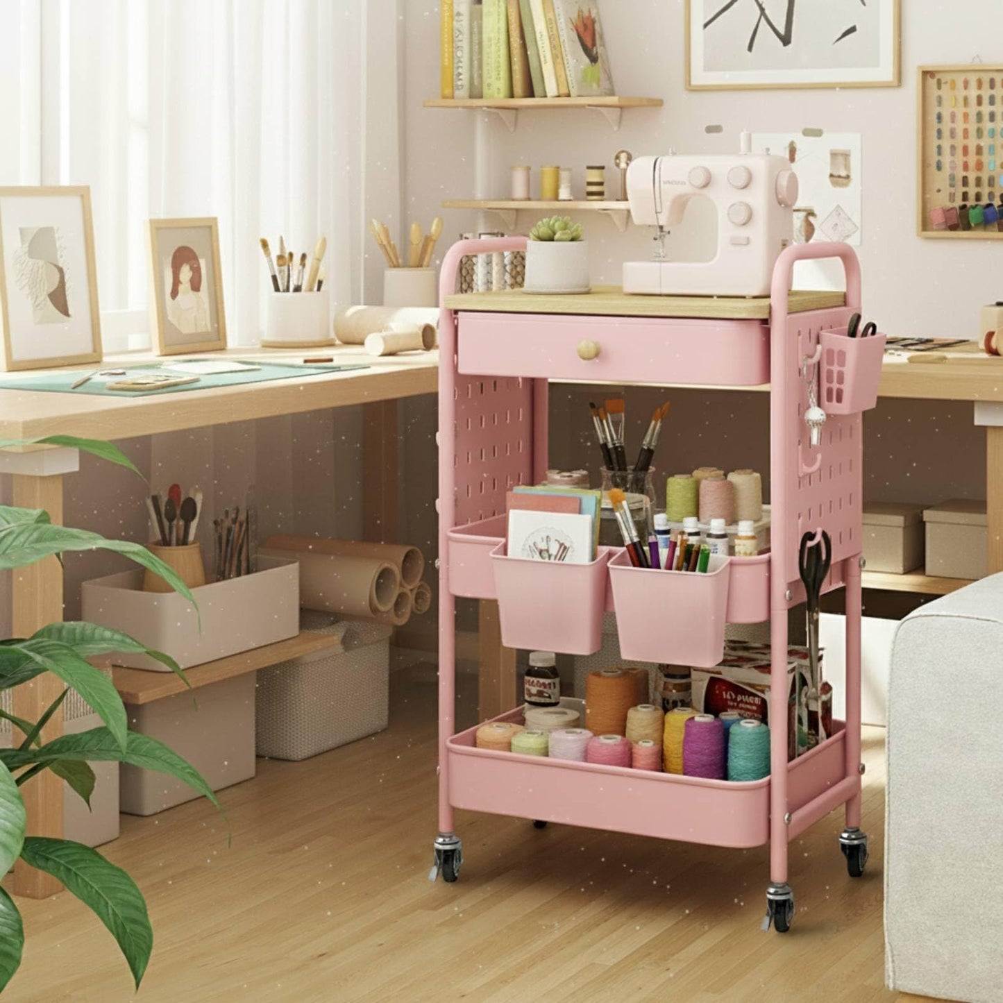 danpinera 3 Tier storage trolley, Metal storage cart with DIY Pegboard & Drawer, storage trolley on wheels with Hooks & Hanging Cups for Living Room
