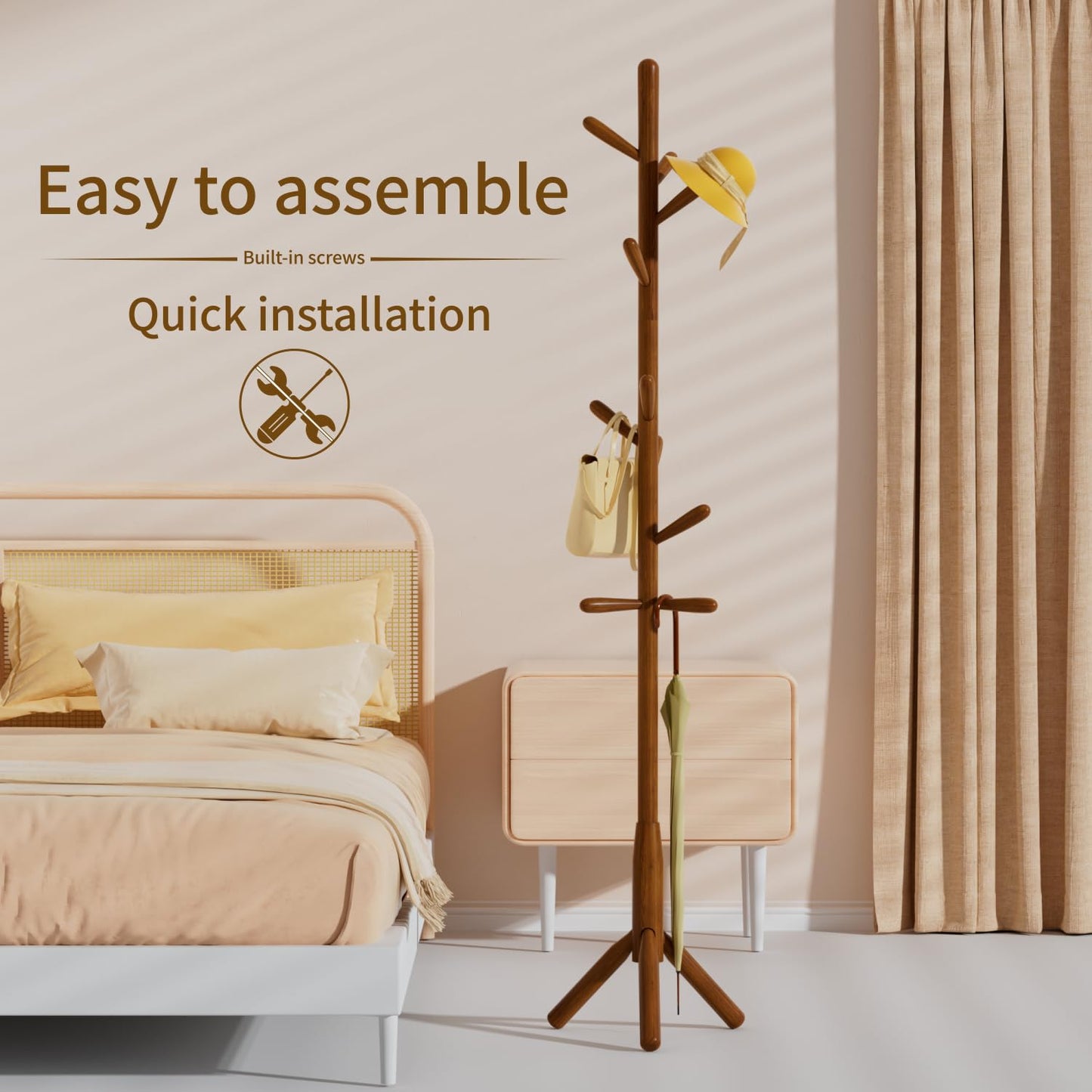 Awatiwa Solid Wood Coat Rack, Freestanding Tree-Shaped Coat Rack with 11 Hooks, Main Pole 1.6" dia for Clothes