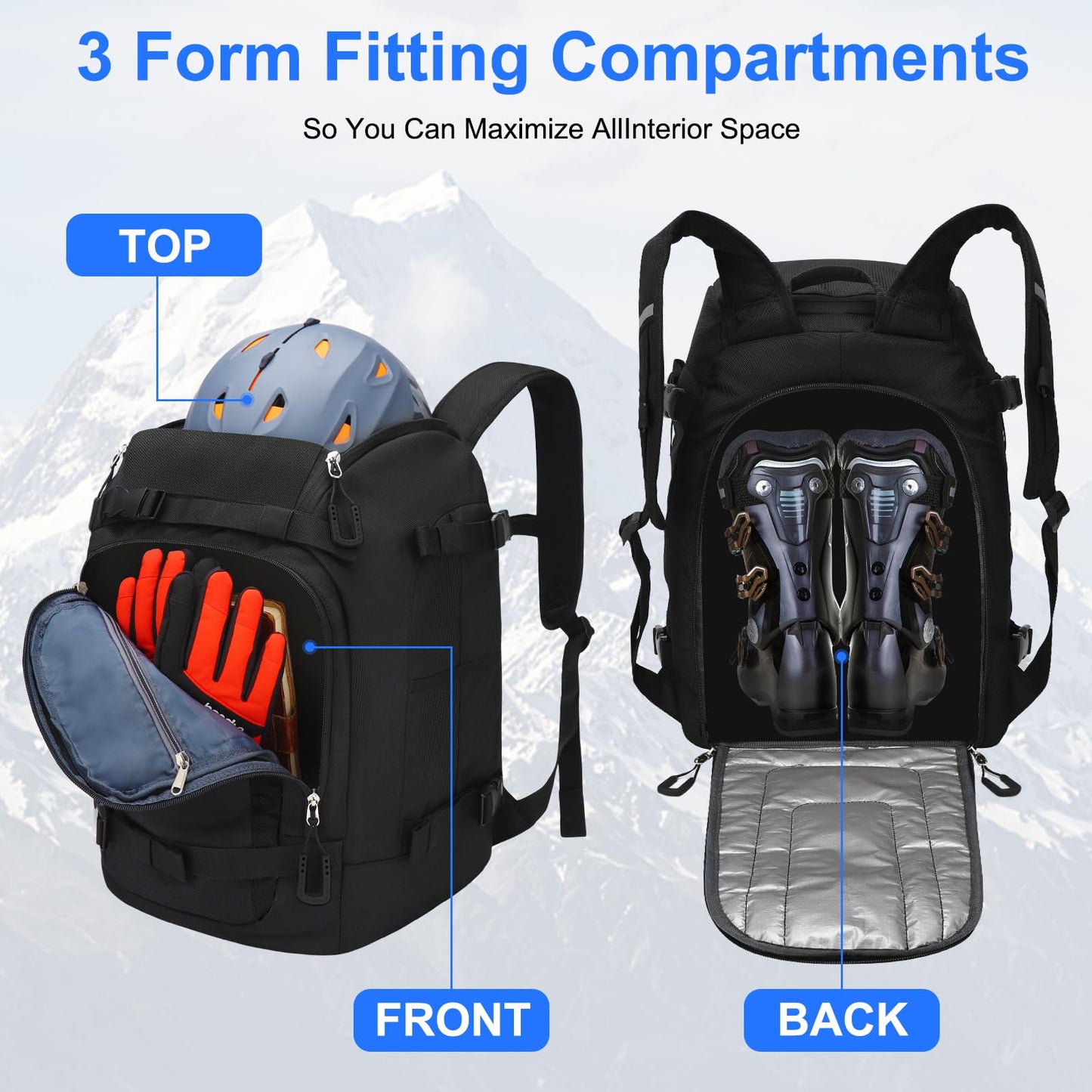 Ski Boot Bag, 50L Ski Boot Travel Backpack 1680D Nylon Waterproof Ski Bag for Ski Boots, Ski Helmet, Goggles, Gloves, Apparel & Skiing Gear