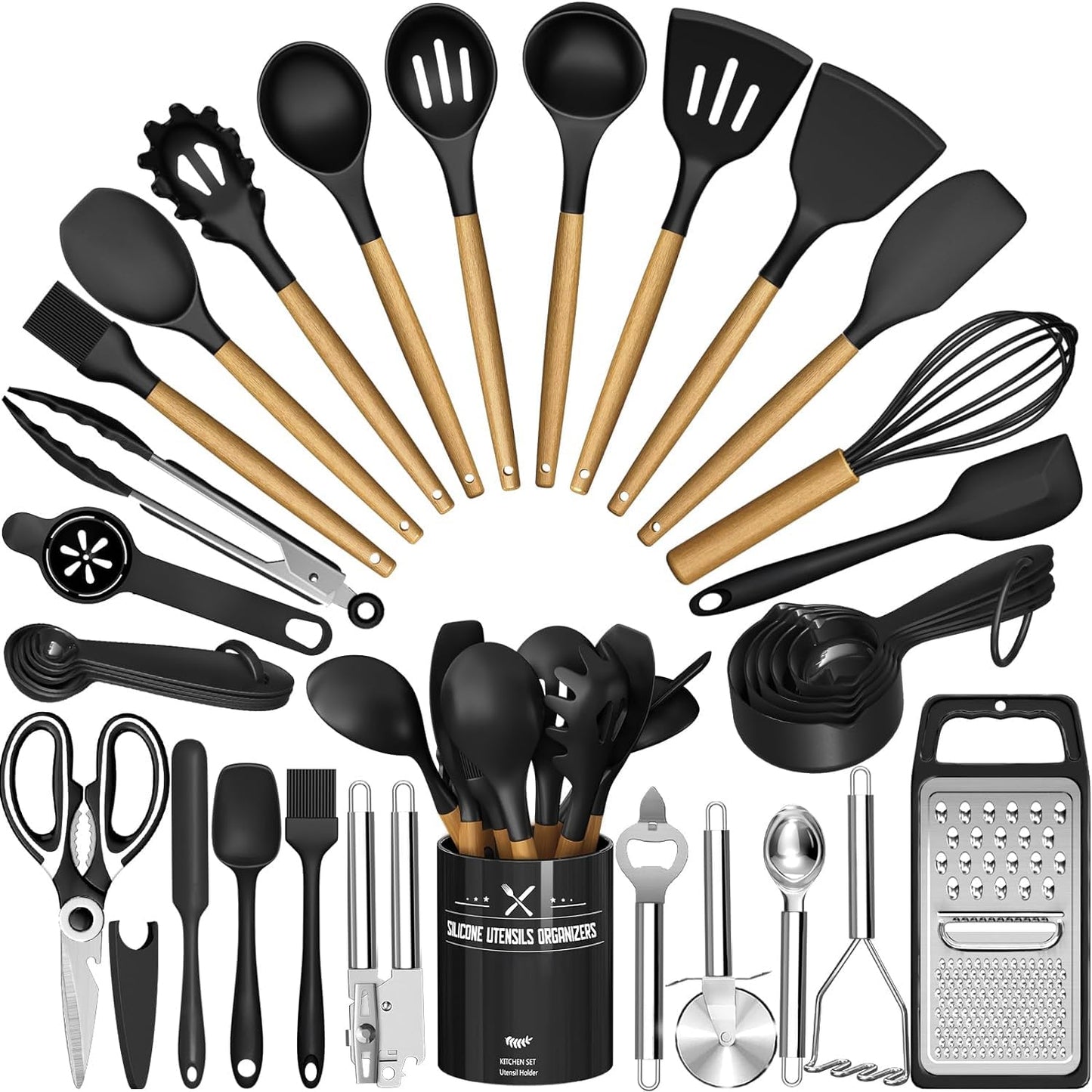 Kitchen Utensils Set - 34PCS Silicone Cooking Utensils with Holder, Heat Resistant, Nonstick Cookware Tongs Spatula Spoon Set, Wooden Handles Kitchen