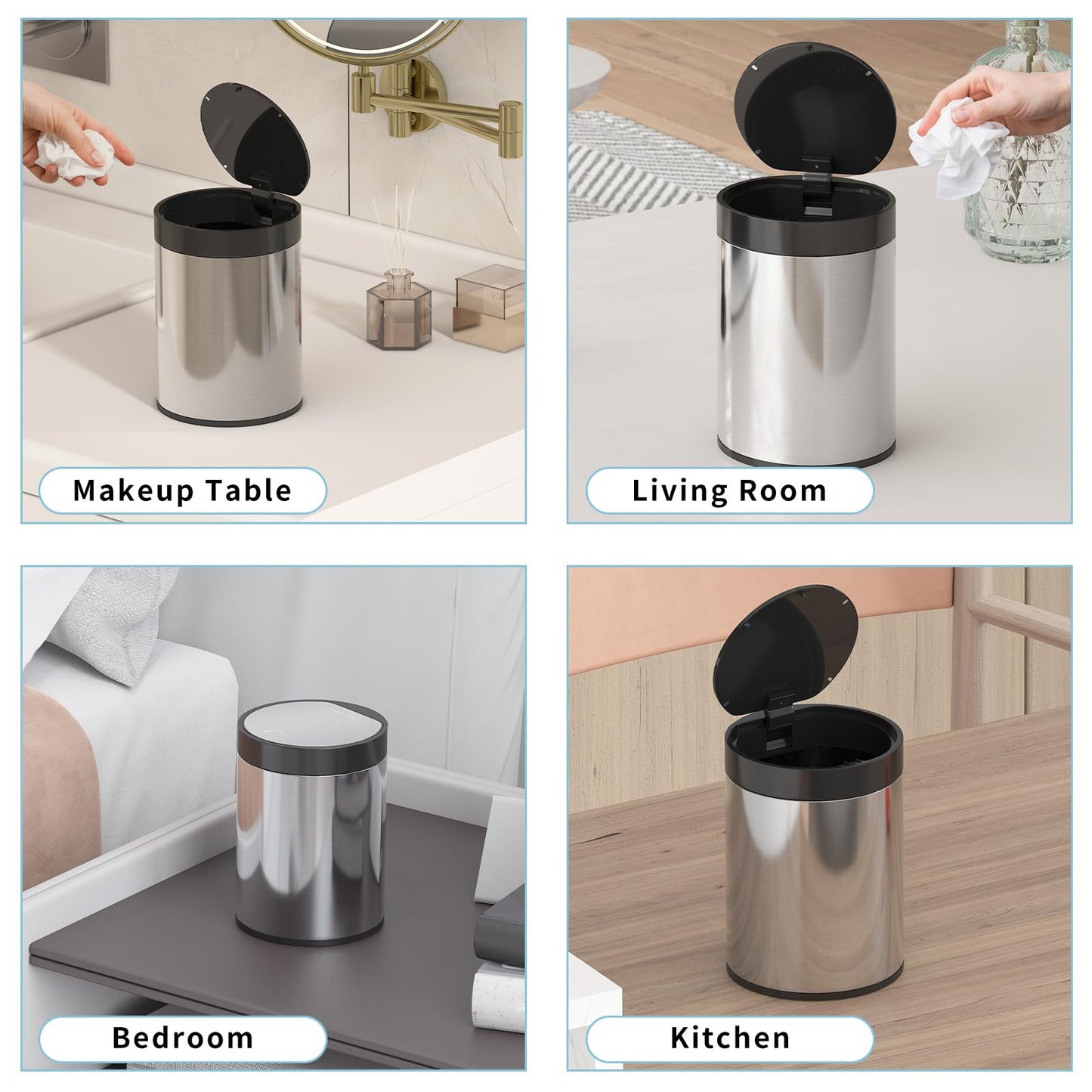 SolaceCove Mini Bin with Lid, Tea Bag Bin Stainless Steel Desktop Small Trash Can, 0.4Gal 1.5L Tabletop Trash Can