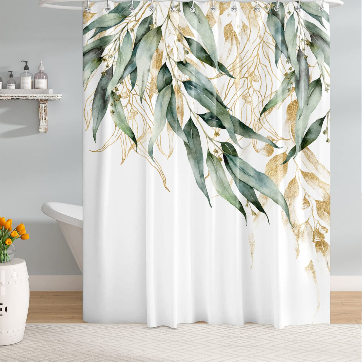 M&W DAS DESIGN Shower Curtain Made of Polyester Fabric Leaves Green Gold Modern Watercolour Look Anti-Mould Waterproof Bath Curtain Including 12