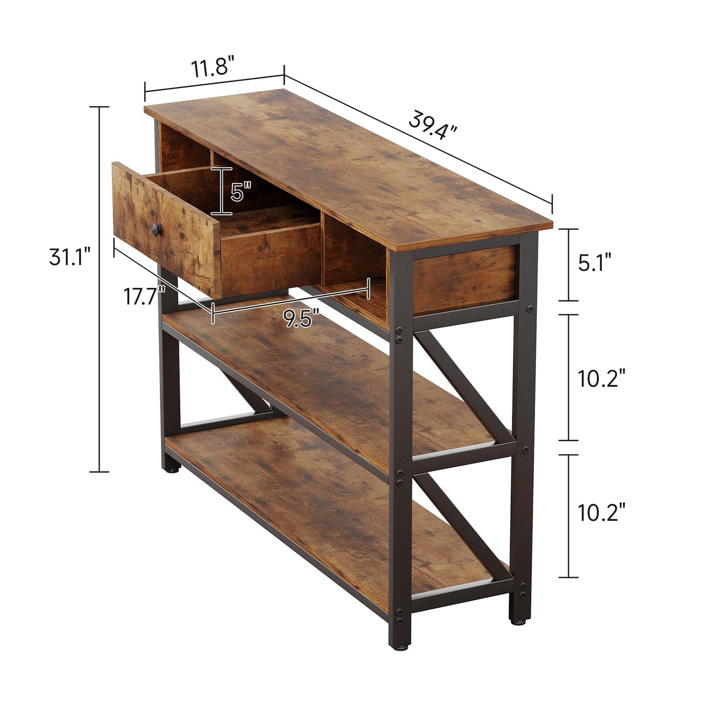 CAIYUN Console Table with Drawer Shelves, 100cm Hallway Table with Storage Shelves, Industrial Wood Entryway Sofa Table for Living Room, Couch, Foyer