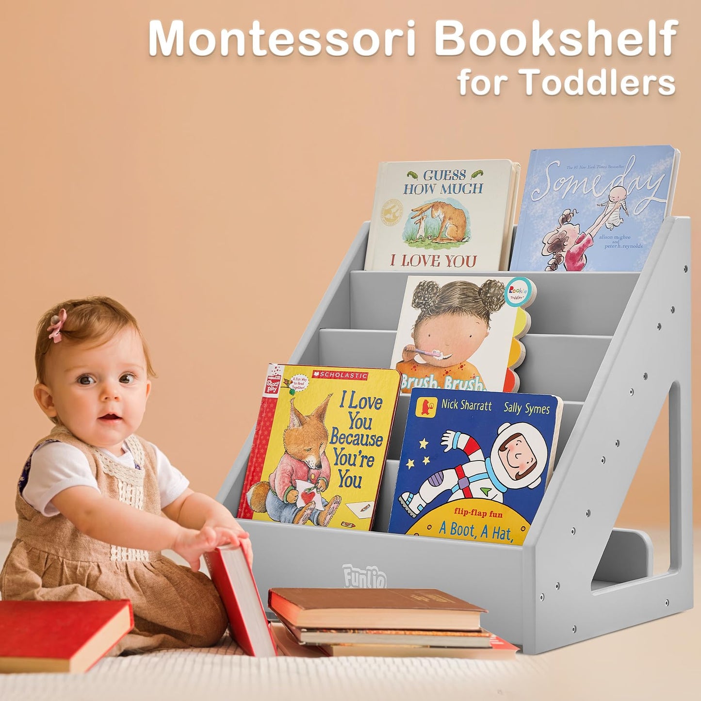 FUNLIO Montessori Bookshelf for Toddlers 1-5 Years, Front-Facing Kids Bookshelf with Handle & Anti-Tilting Device, Premium Pine Baby Bookshelf,