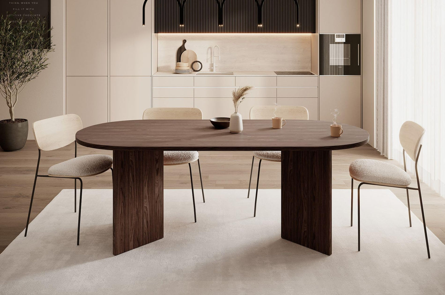 SELSEY Ovo Wood Dining Table 204x90x75cm, Wisconsin Walnut Oval Non-Extendable Design, Seats 6 to 10