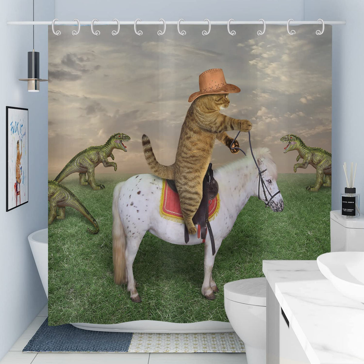 ASDCXZ Shower Curtain Funny 180x180 cm, West Cowboy Farm Funny Cat Ride Horse Washable Textile Bathroom Curtains Polyester Waterproof Shower Curtains