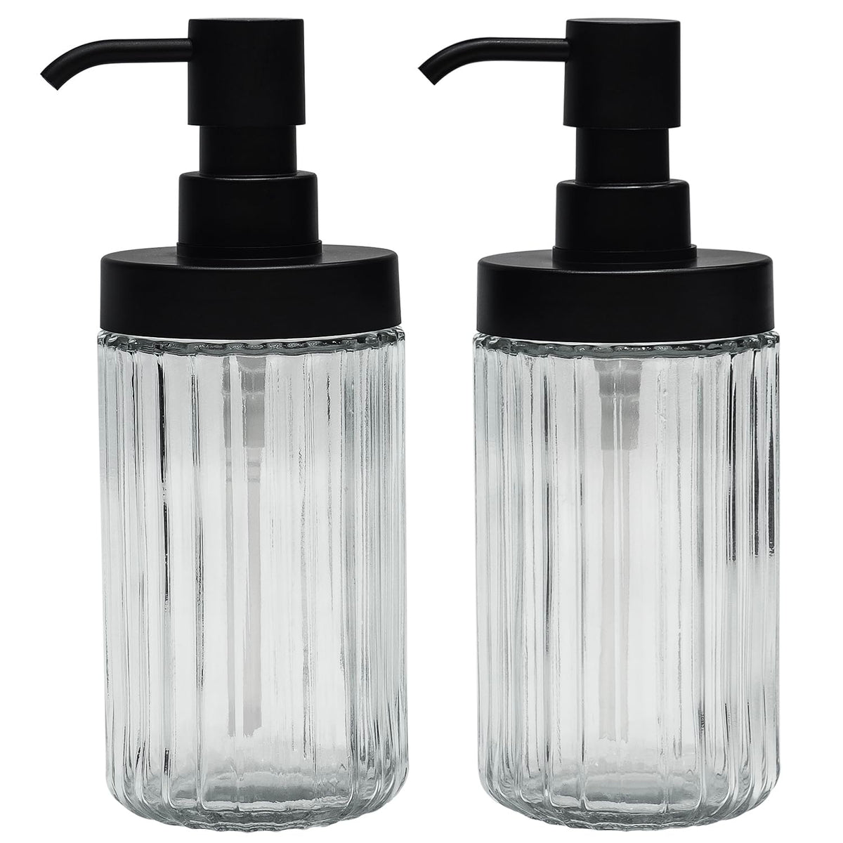 Premium Suanti 2-Pack Ribbed Glass Soap Dispenser Set for Bathroom & Kitchen Sink,Easy Refill Wide-Mouthed Soap Bottle with Matte Black Pump for